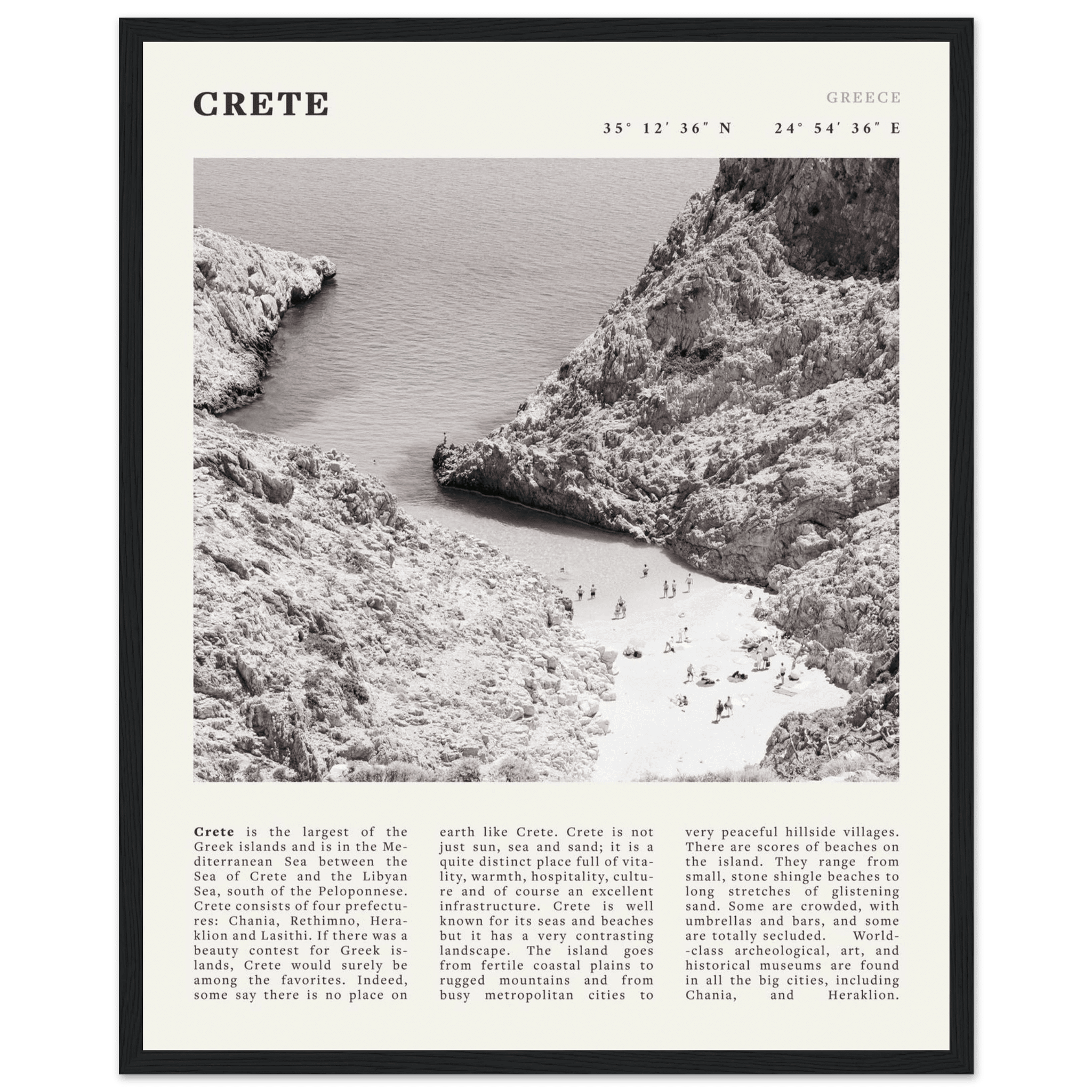 Crete Poster | Black & White Greece Beach Wall Art | Mediterranean Travel Print - Evergreen Posters