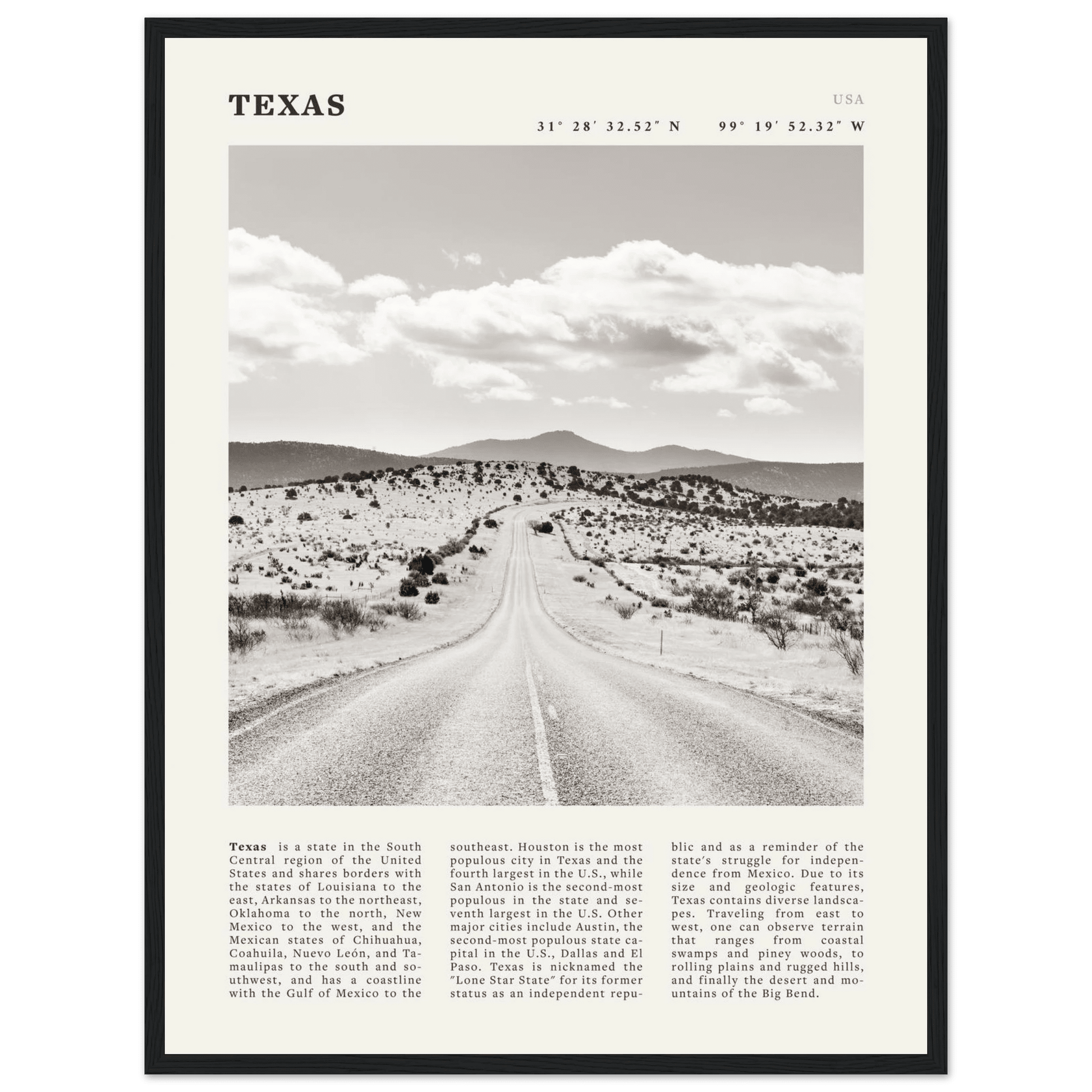 Texas Poster | Black & White Lone Star Road Wall Art | USA Travel Print Decor - Evergreen Posters