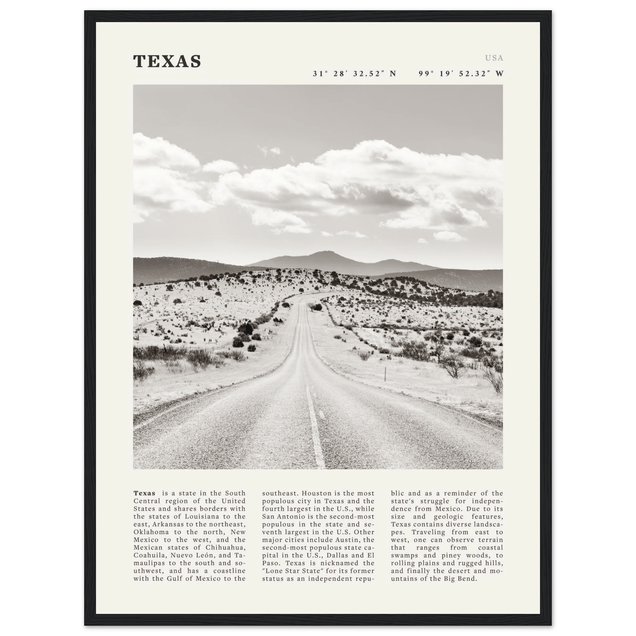 Texas Poster | Black & White Lone Star Road Wall Art | USA Travel Print Decor - Evergreen Posters