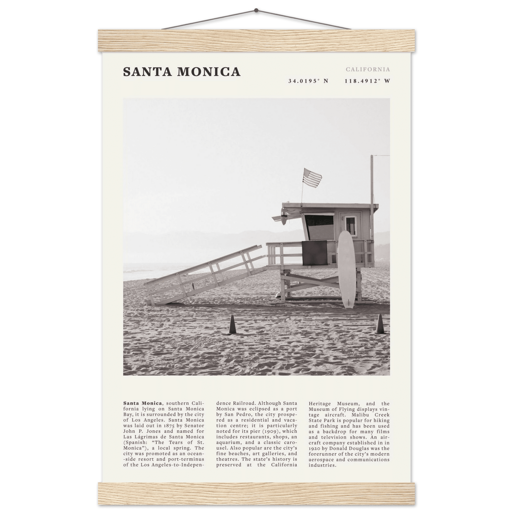 Santa Monica Poster | Black & White California Wall Art | Beach Travel Print | Coastal Decor - Evergreen Posters