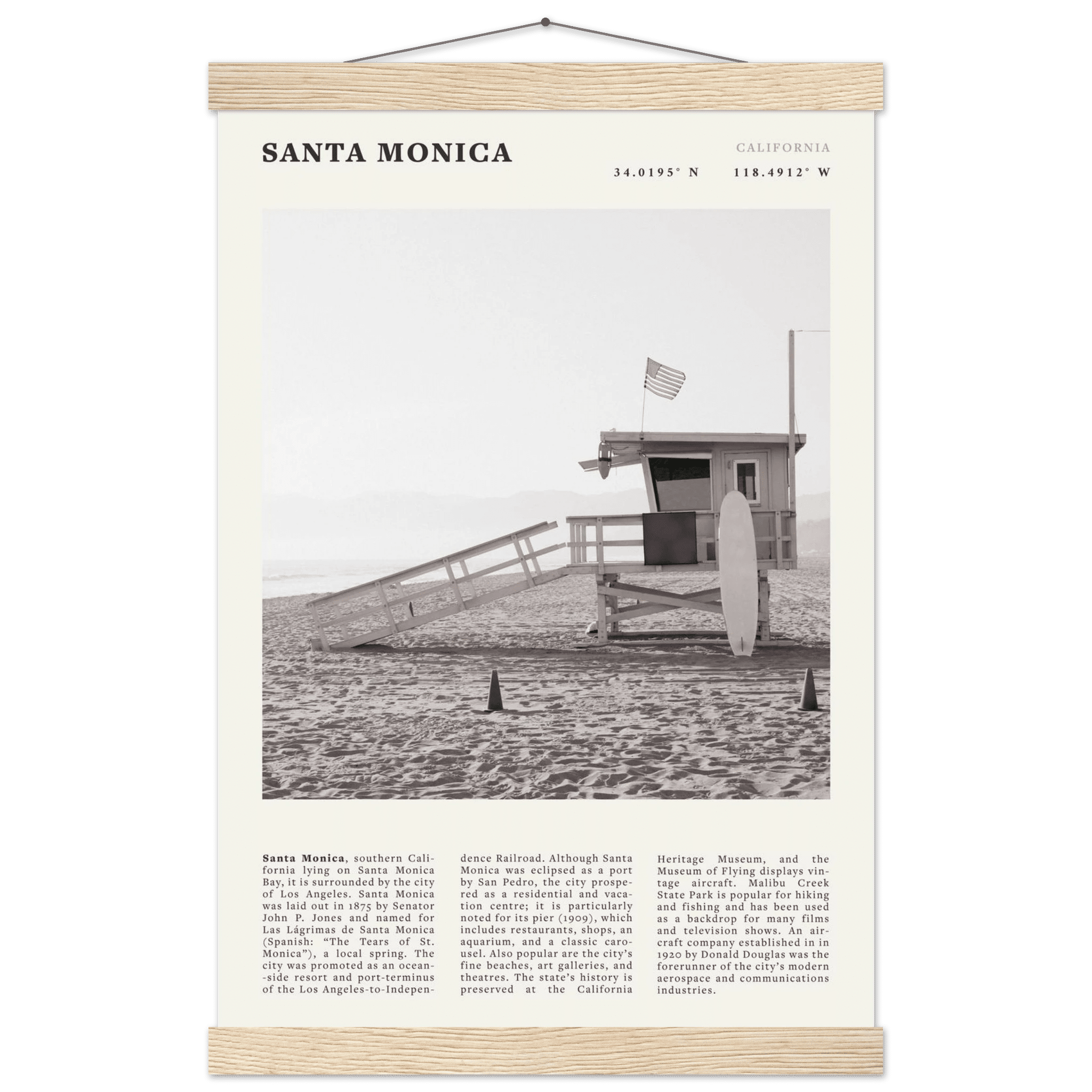 Santa Monica Poster | Black & White California Wall Art | Beach Travel Print | Coastal Decor - Evergreen Posters