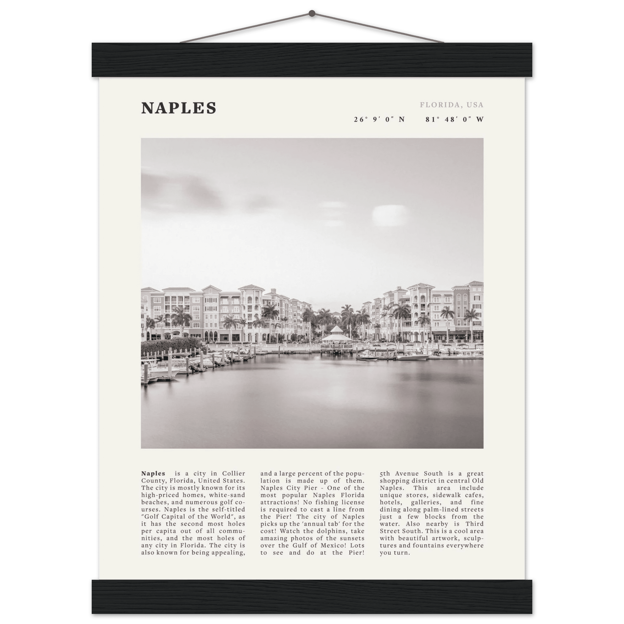 Naples Florida Poster | Black & White Gulf Coast Wall Art | FL Travel Print - Evergreen Posters