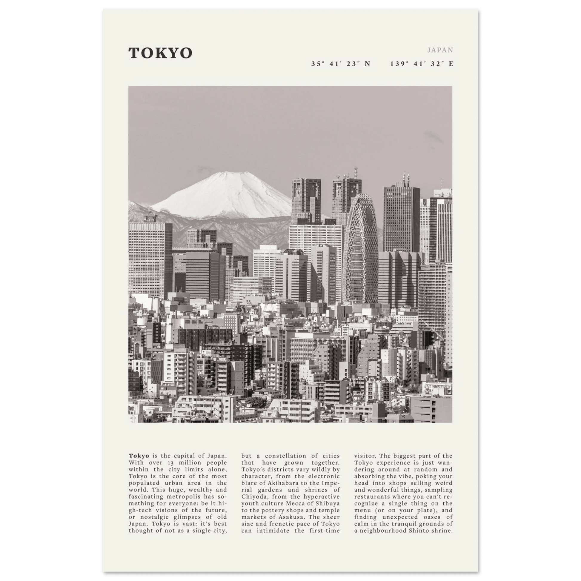 Tokyo Poster | Black & White Mount Fuji Skyline Wall Art | Japan Travel Print - Evergreen Posters