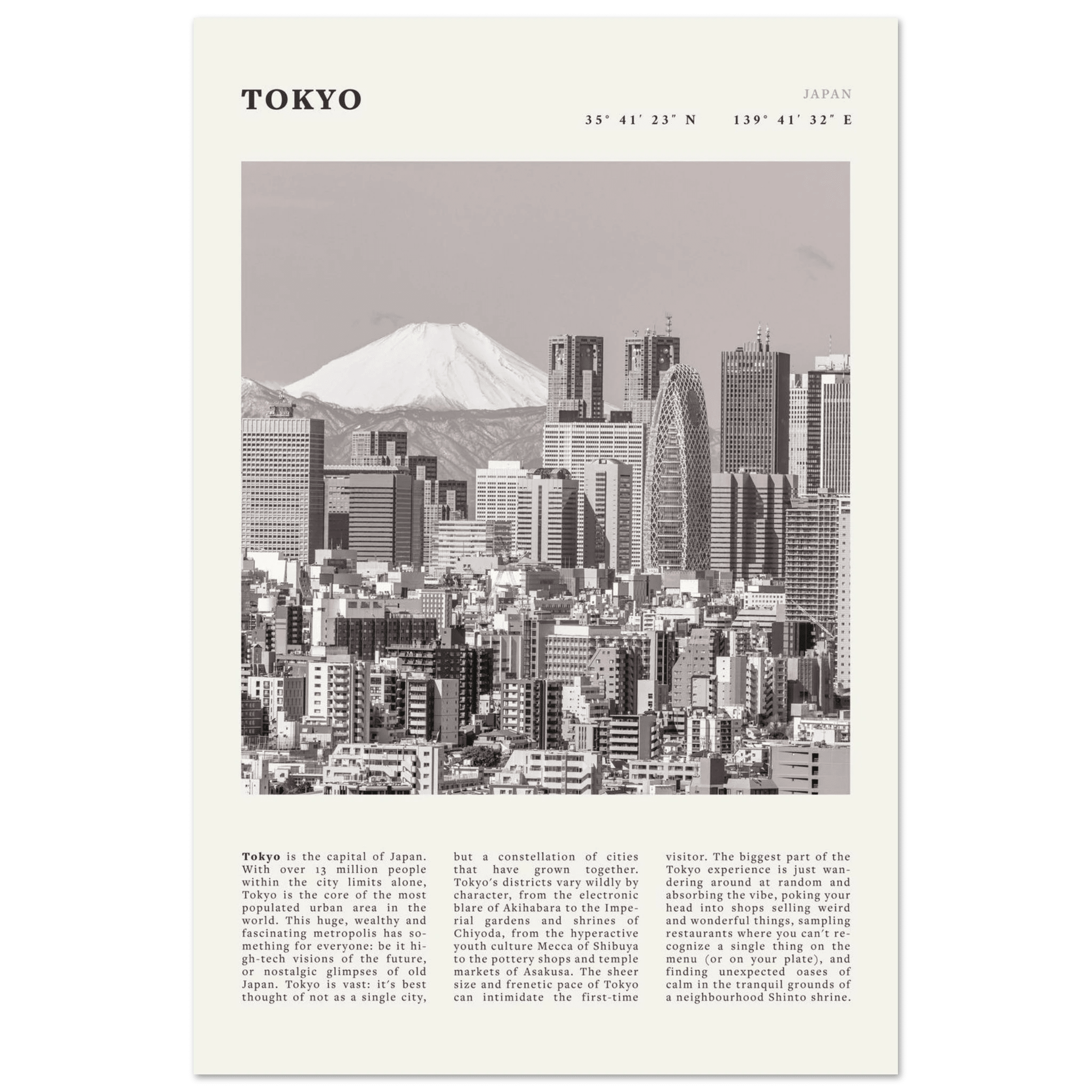 Tokyo Poster | Black & White Mount Fuji Skyline Wall Art | Japan Travel Print - Evergreen Posters