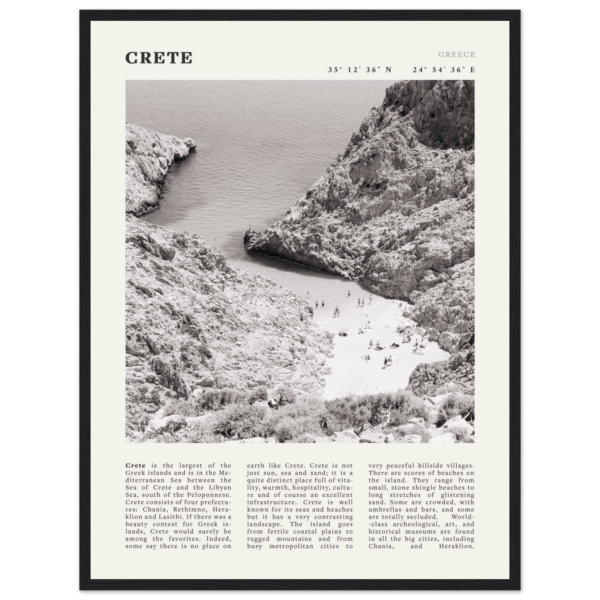 Crete Poster | Black & White Greece Beach Wall Art | Mediterranean Travel Print - Evergreen Posters