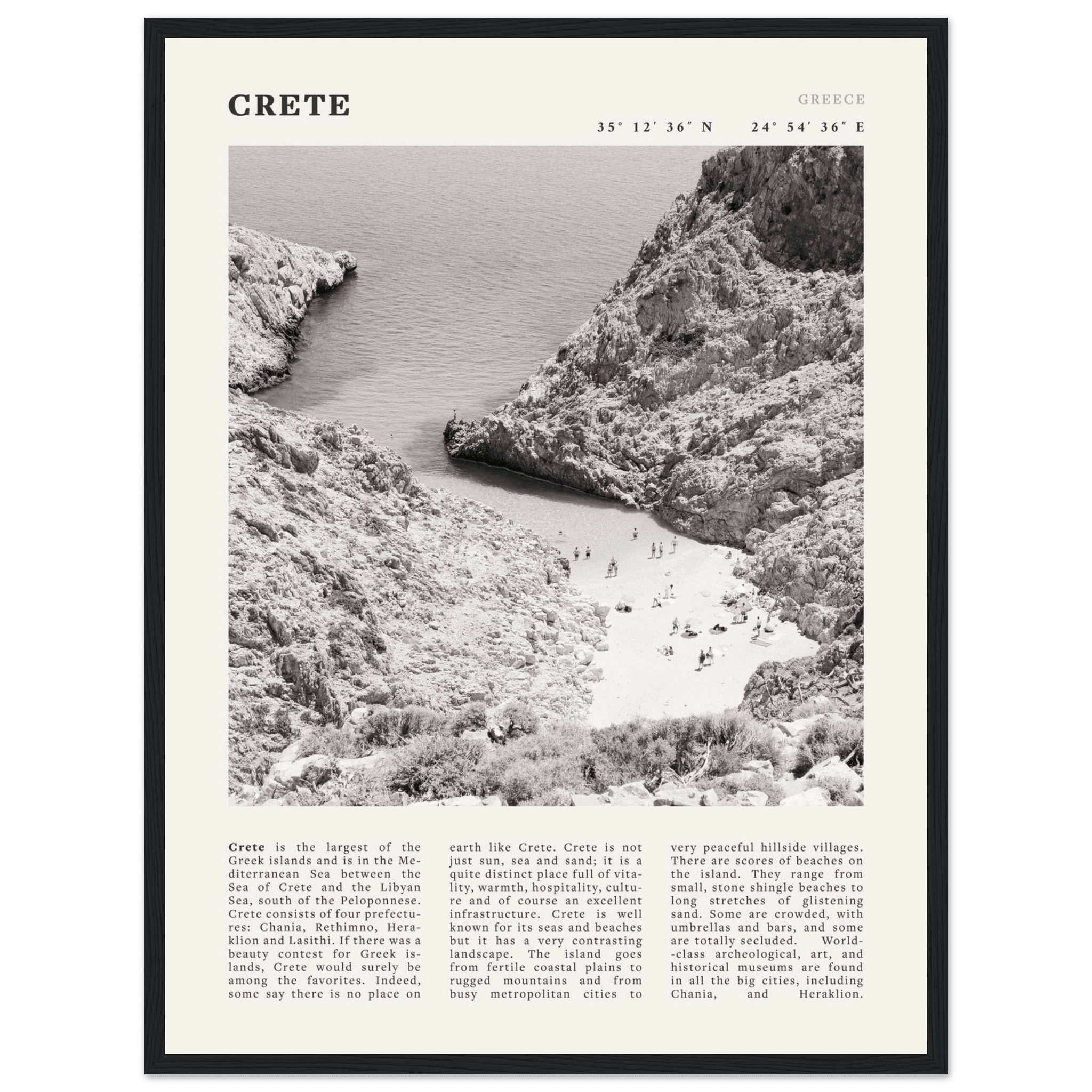 Crete Poster | Black & White Greece Beach Wall Art | Mediterranean Travel Print - Evergreen Posters