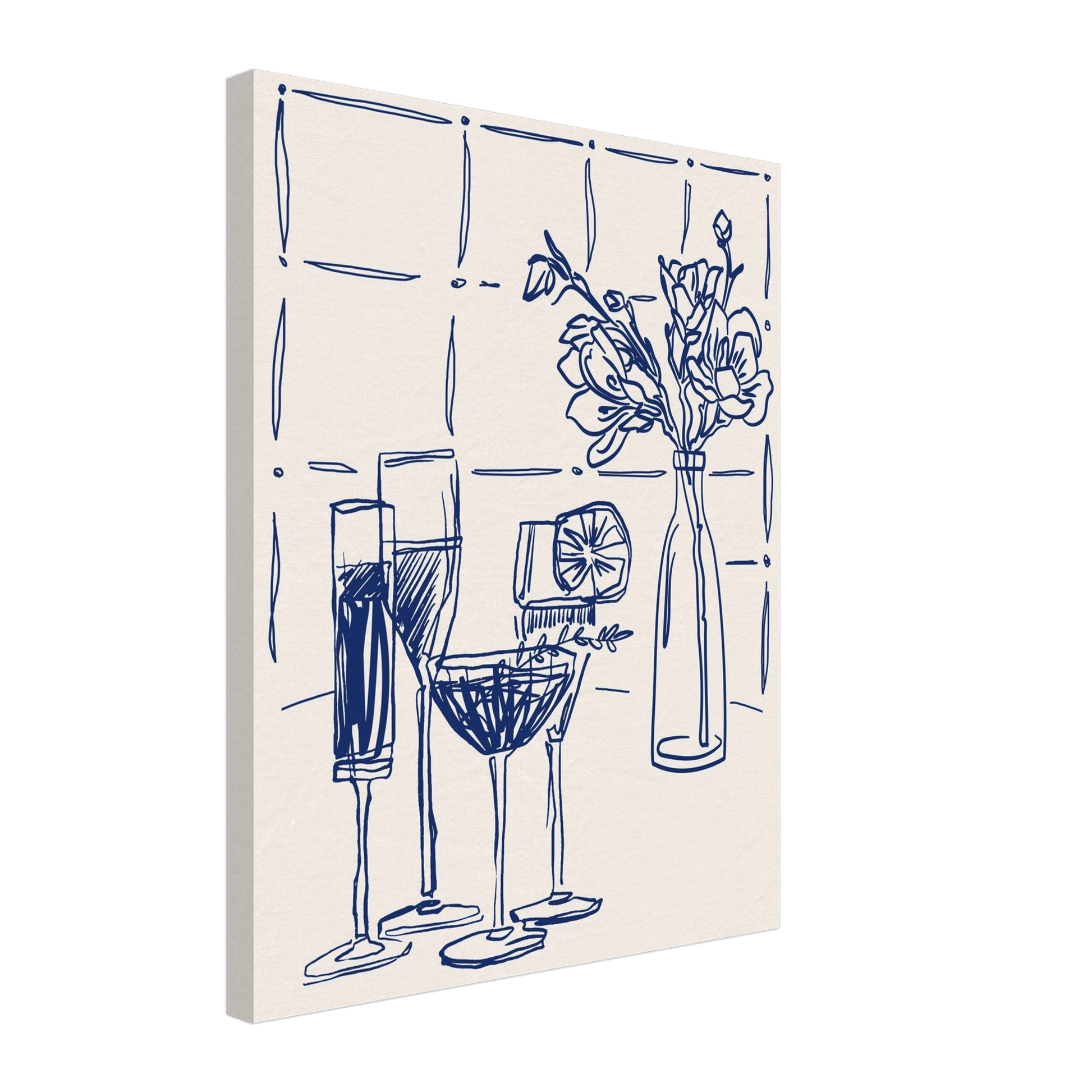 Cocktails & Flowers Print | Navy Blue Line Art Drinks Wall Art | Kitchen Bar Poster - Evergreen Posters