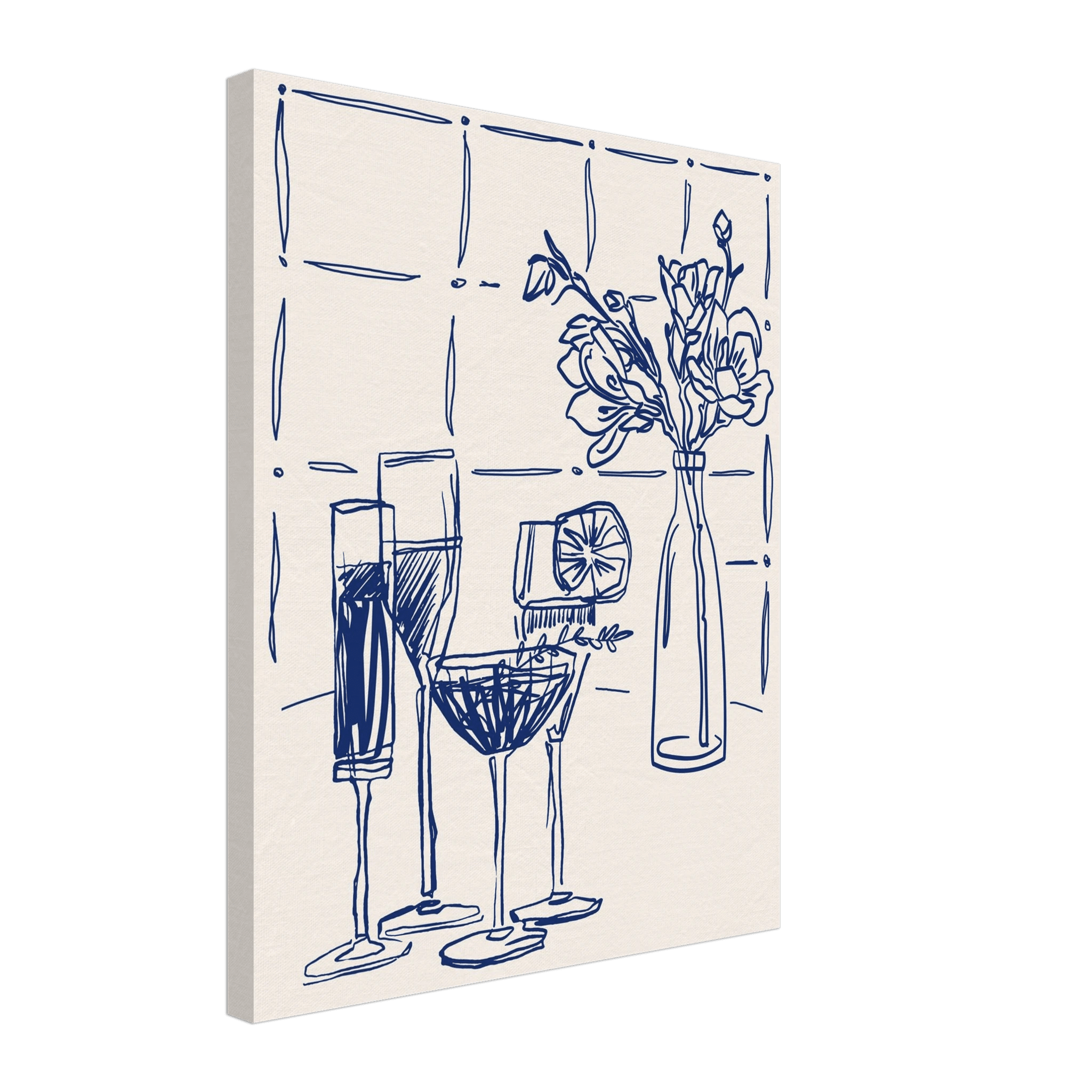 Cocktails & Flowers Print | Navy Blue Line Art Drinks Wall Art | Kitchen Bar Poster - Evergreen Posters