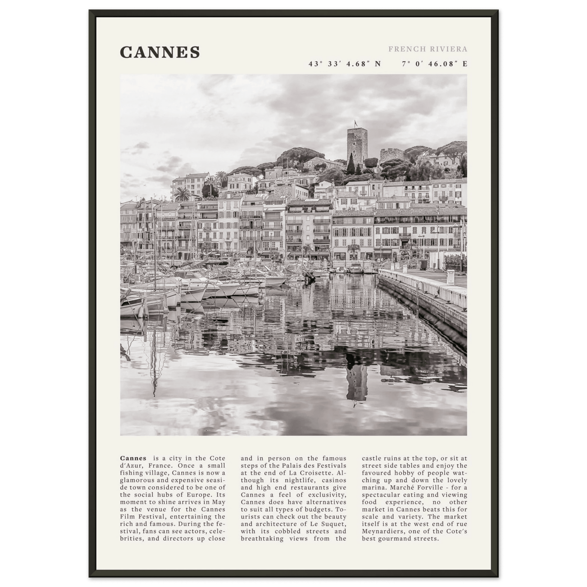 Cannes Poster | Black & White French Riviera Wall Art | France Travel Print - Evergreen Posters