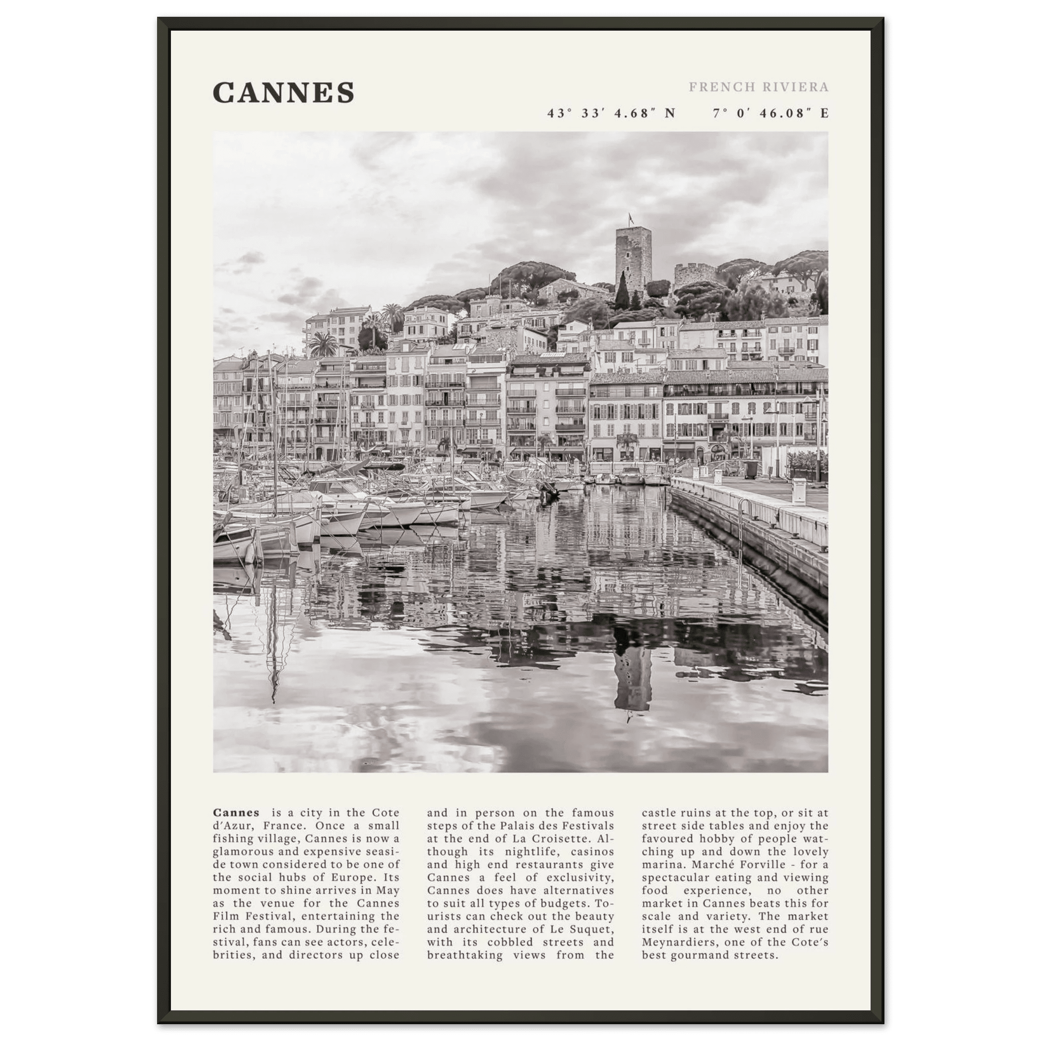 Cannes Poster | Black & White French Riviera Wall Art | France Travel Print - Evergreen Posters