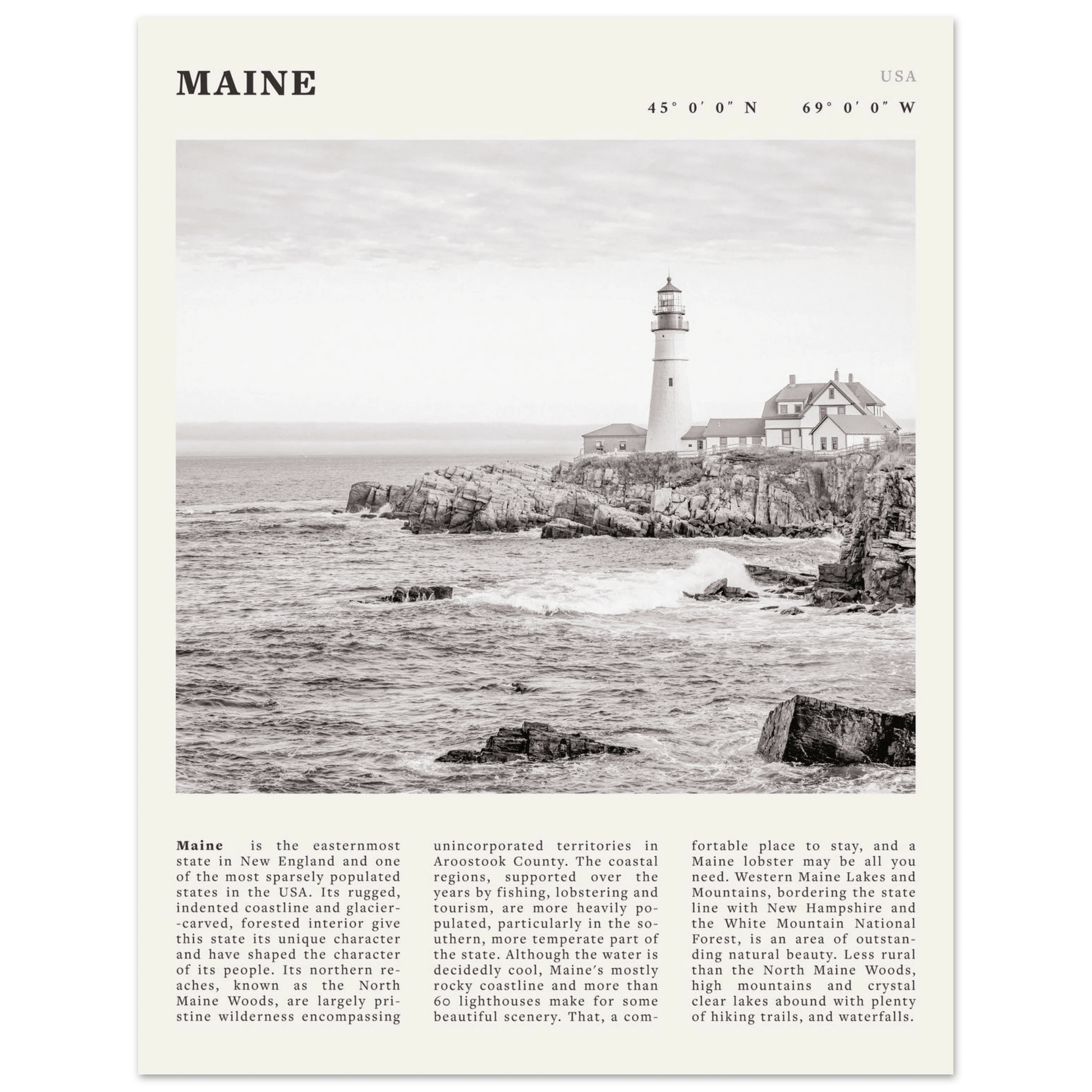 Maine Poster | Black & White Lighthouse Wall Art | New England Coastal Travel Print - Evergreen Posters