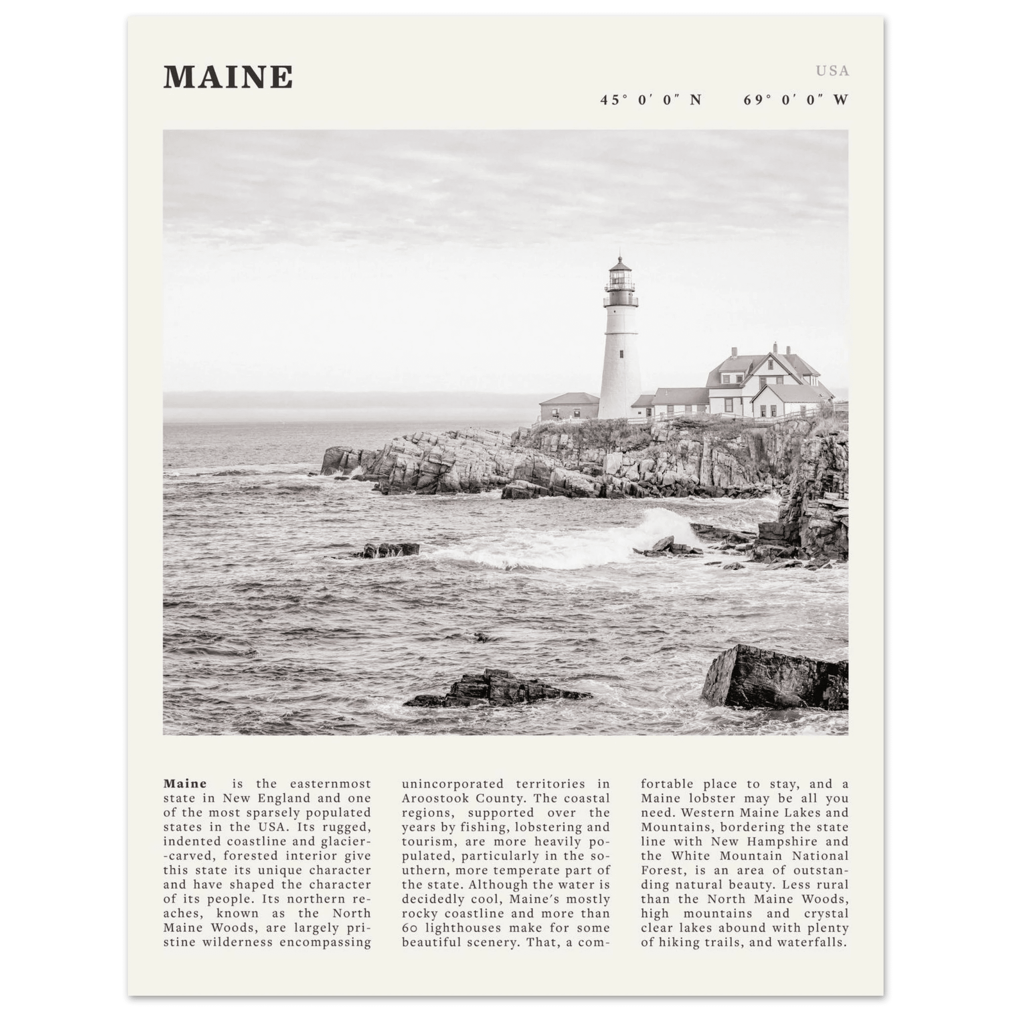 Maine Poster | Black & White Lighthouse Wall Art | New England Coastal Travel Print - Evergreen Posters