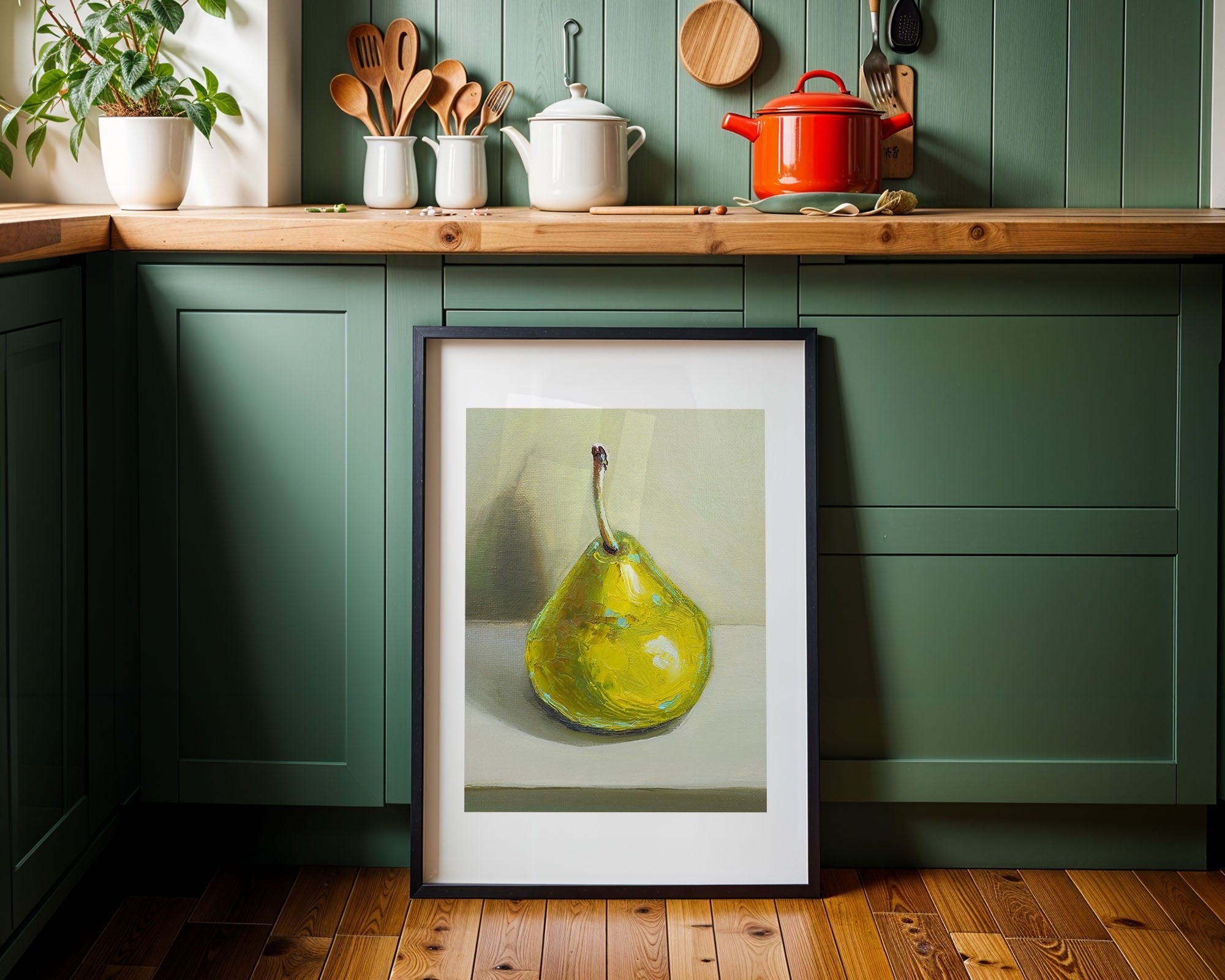 Pear Print | Green Pear Oil Painting Wall Art | Kitchen Poster - Evergreen Posters