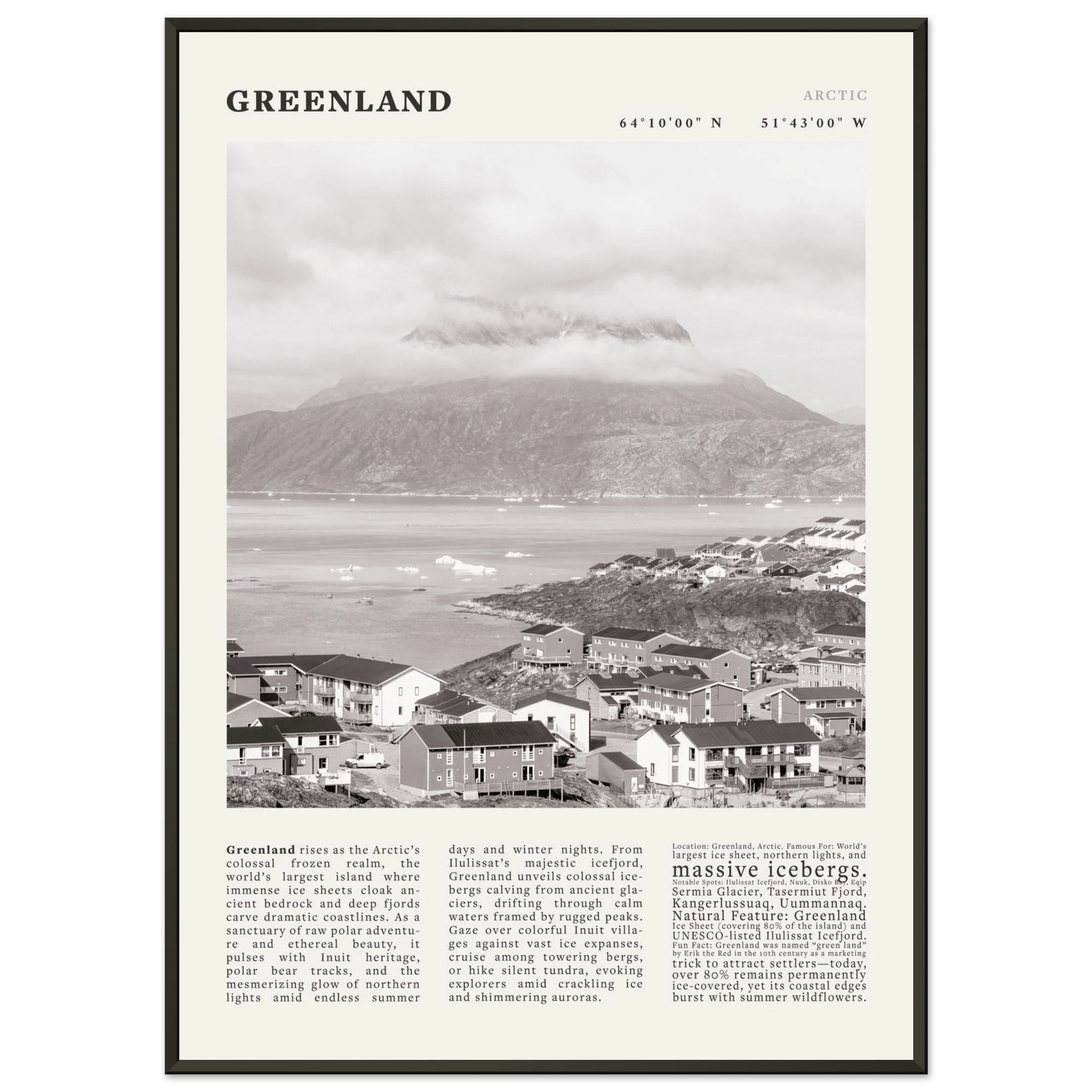 Greenland Poster Black and White – Vintage Arctic Fjord Landscape Print (Digital & Printed Options) - Evergreen Posters