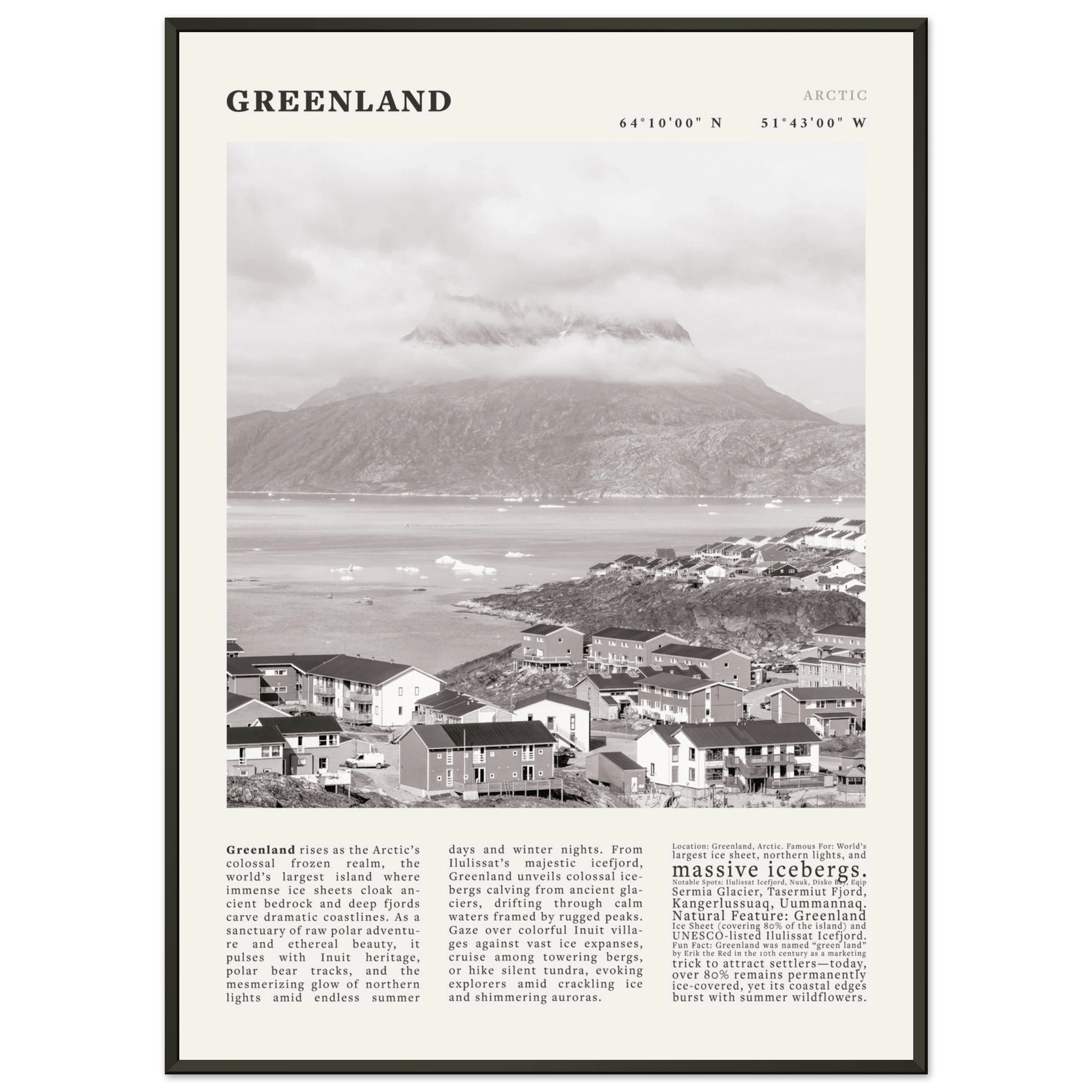 Greenland Poster Black and White – Vintage Arctic Fjord Landscape Print (Digital & Printed Options) - Evergreen Posters