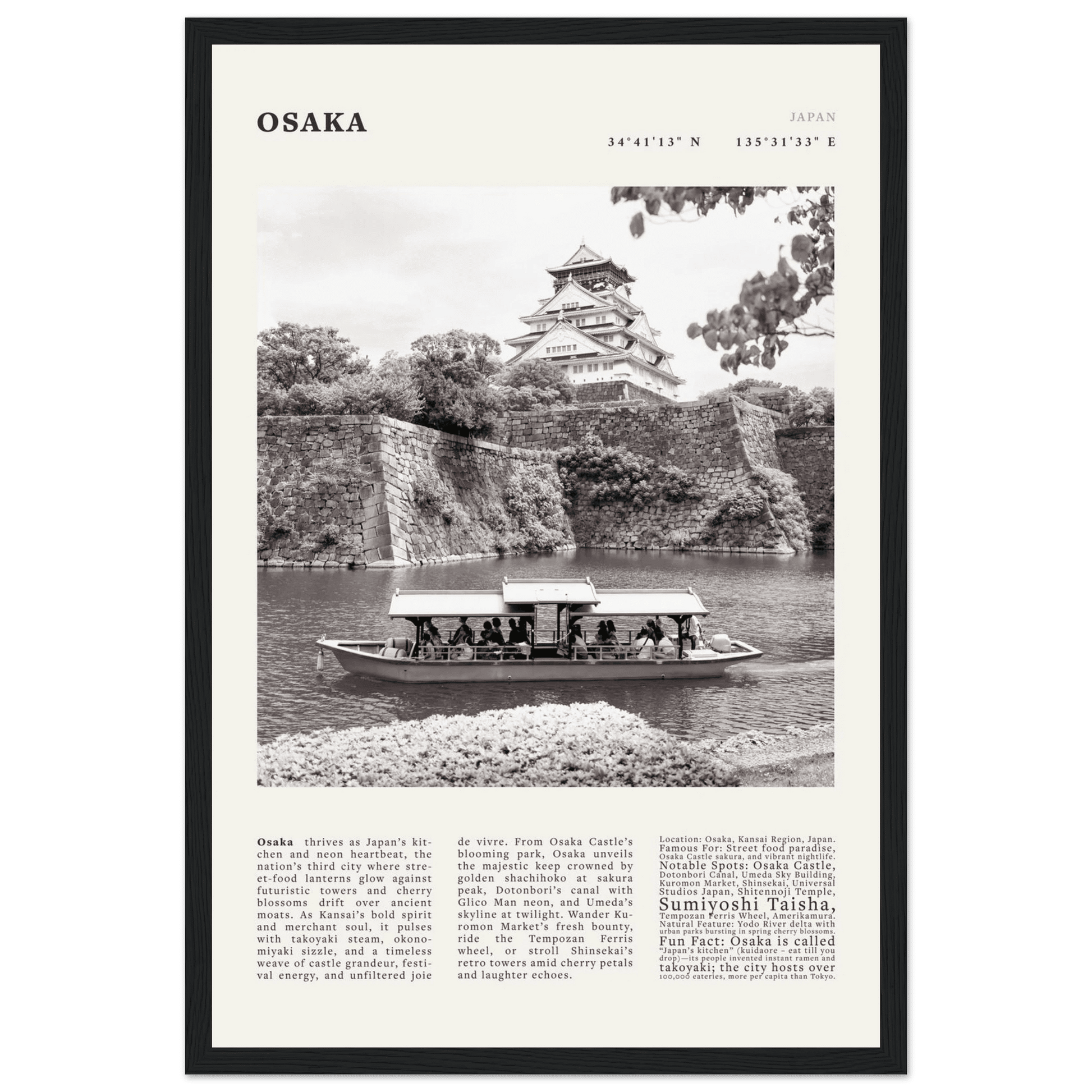Osaka Poster Black and White – Vintage Osaka Castle Cherry Blossom Print (Digital & Printed Options) - Evergreen Posters