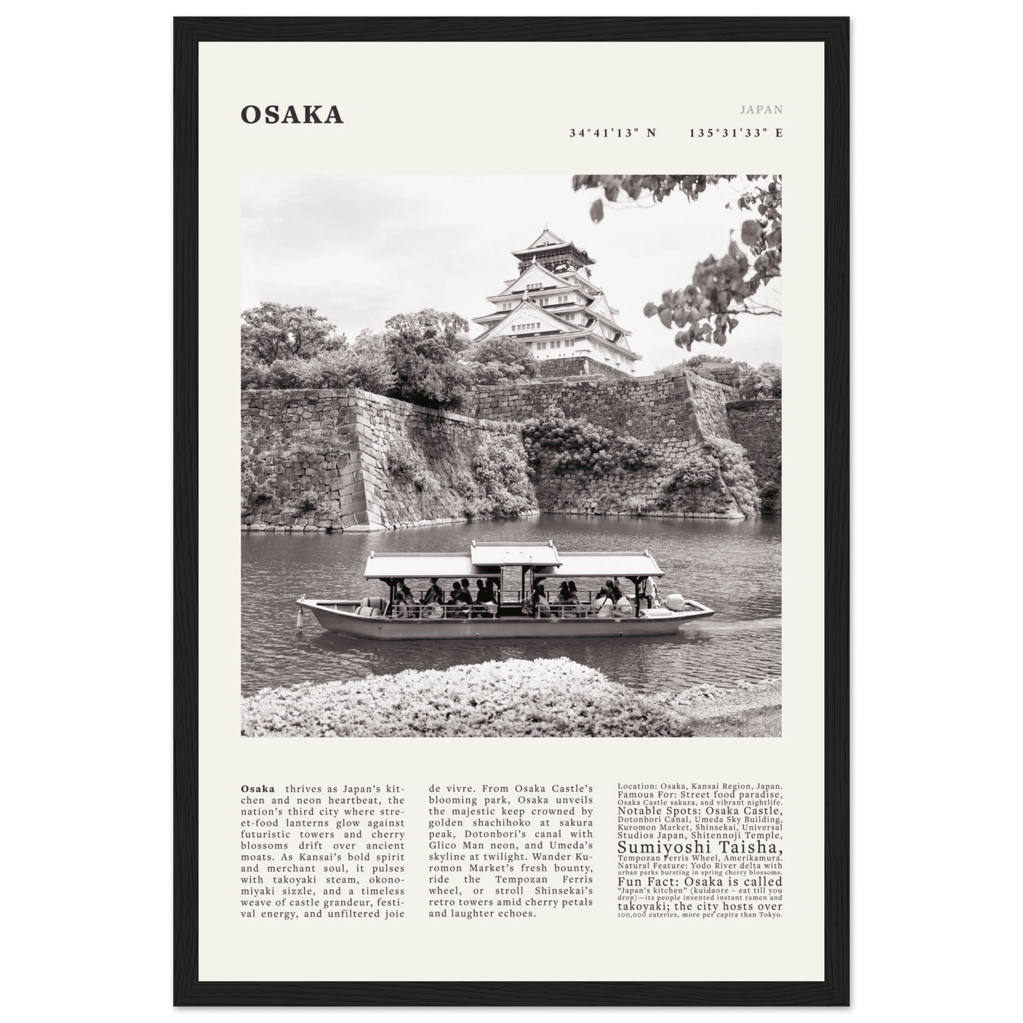 Osaka Poster Black and White – Vintage Osaka Castle Cherry Blossom Print (Digital & Printed Options) - Evergreen Posters