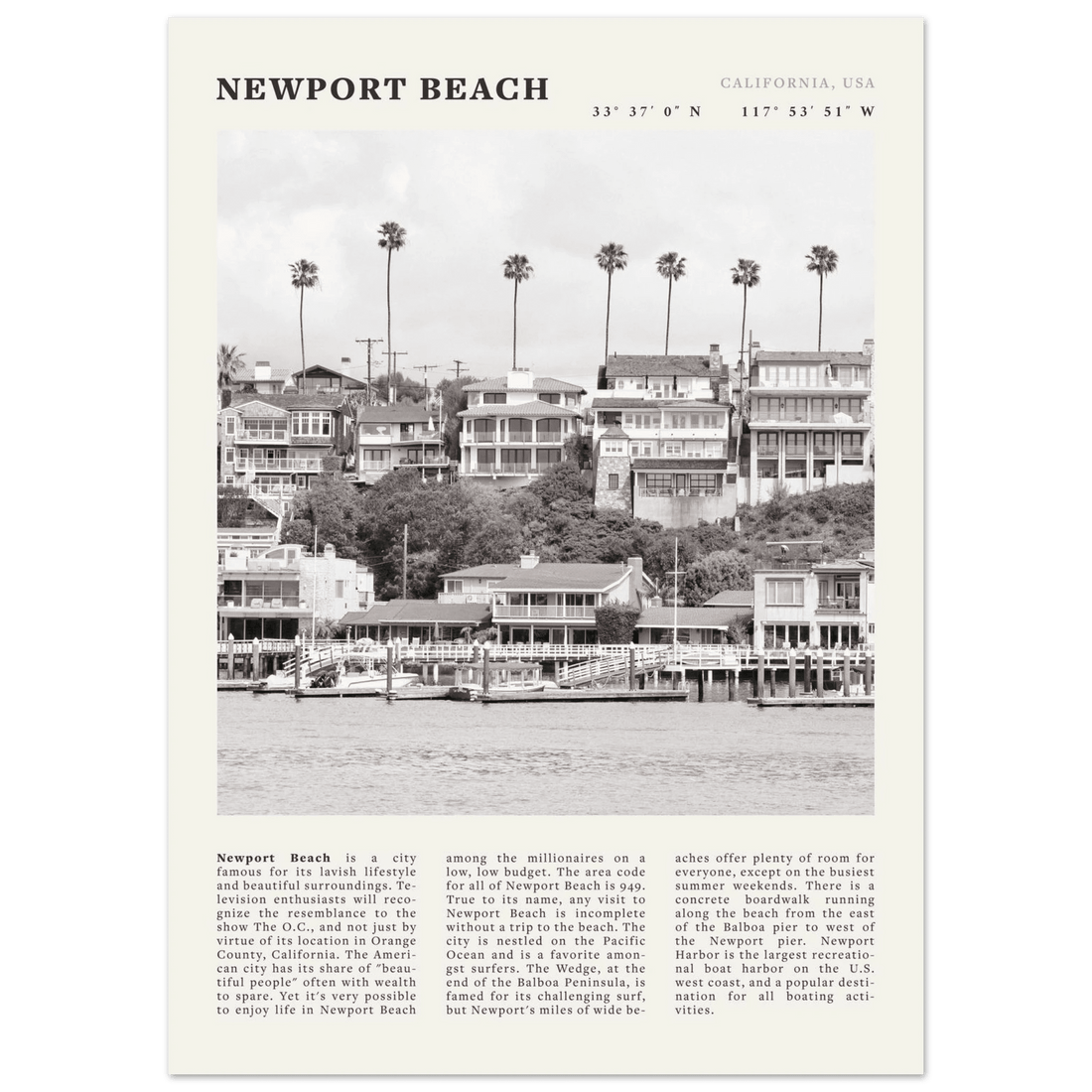 Newport Beach Poster | Black & White California Harbor Wall Art | Coastal Print - Evergreen Posters