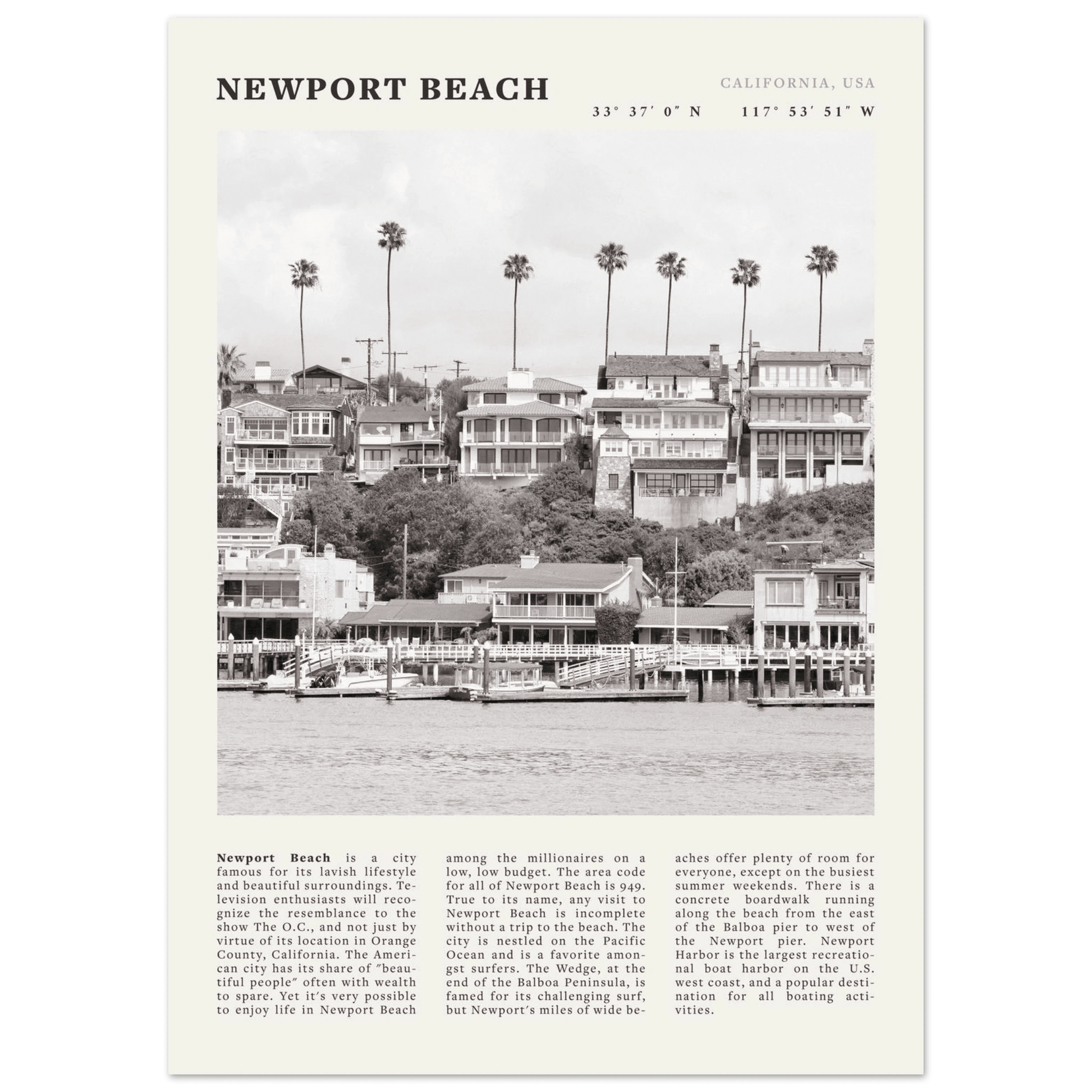 Newport Beach Poster | Black & White California Harbor Wall Art | Coastal Print - Evergreen Posters