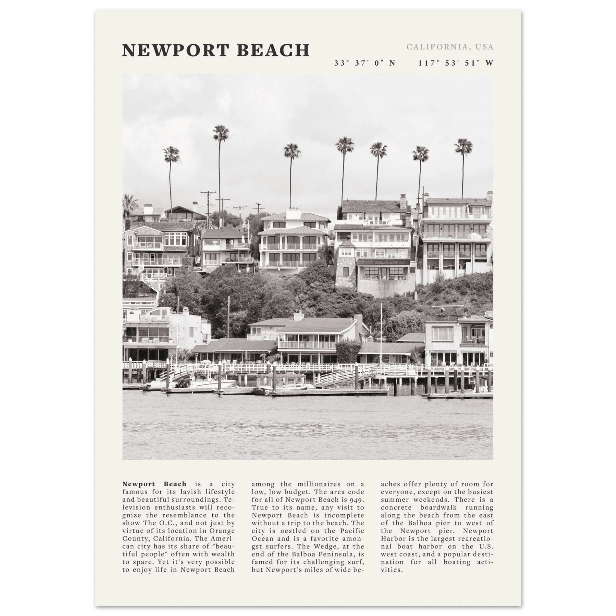 Newport Beach Poster | Black & White California Harbor Wall Art | Coastal Print - Evergreen Posters