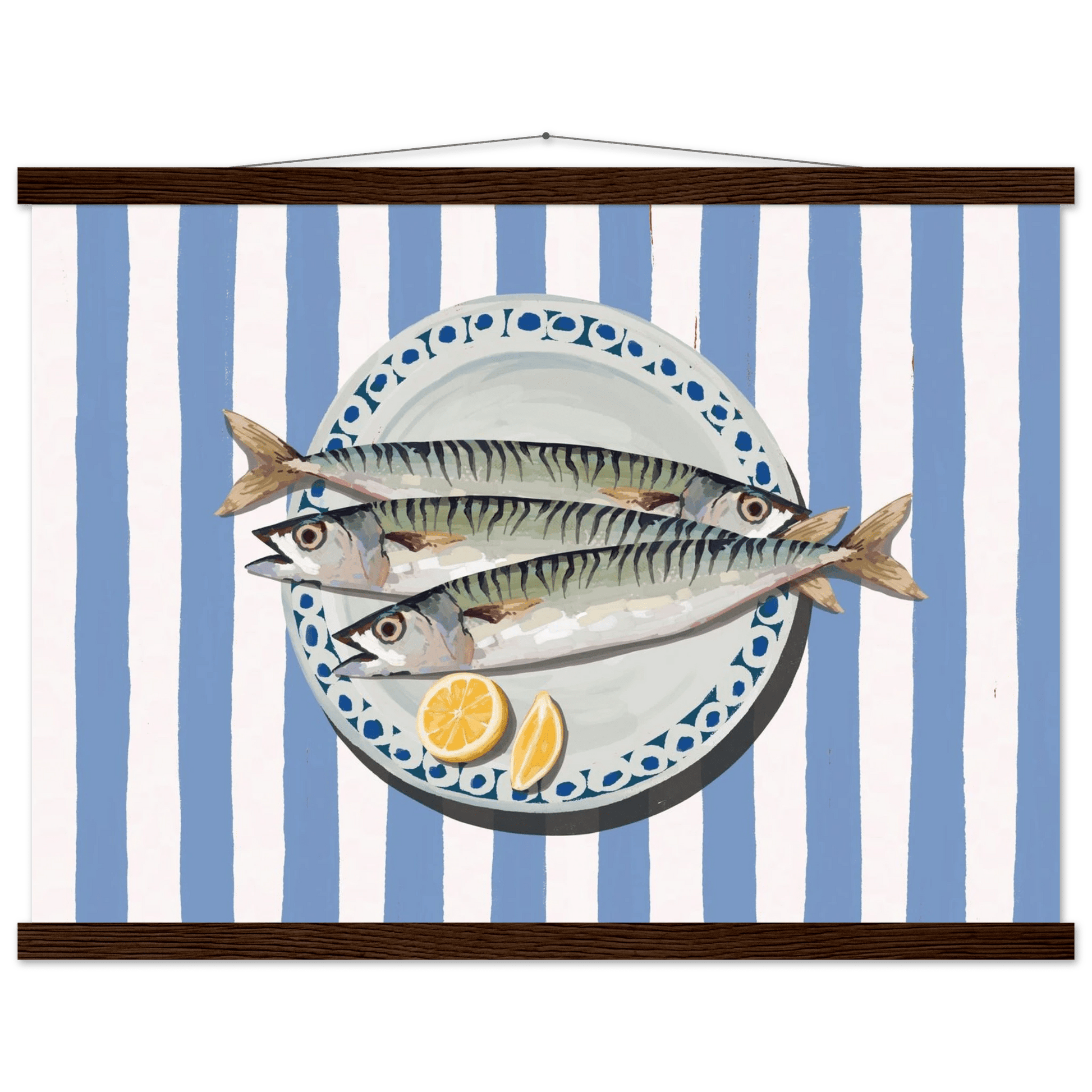 Sardines Print | Blue Stripe Fish Kitchen Wall Art | Coastal Food Poster - Evergreen Posters