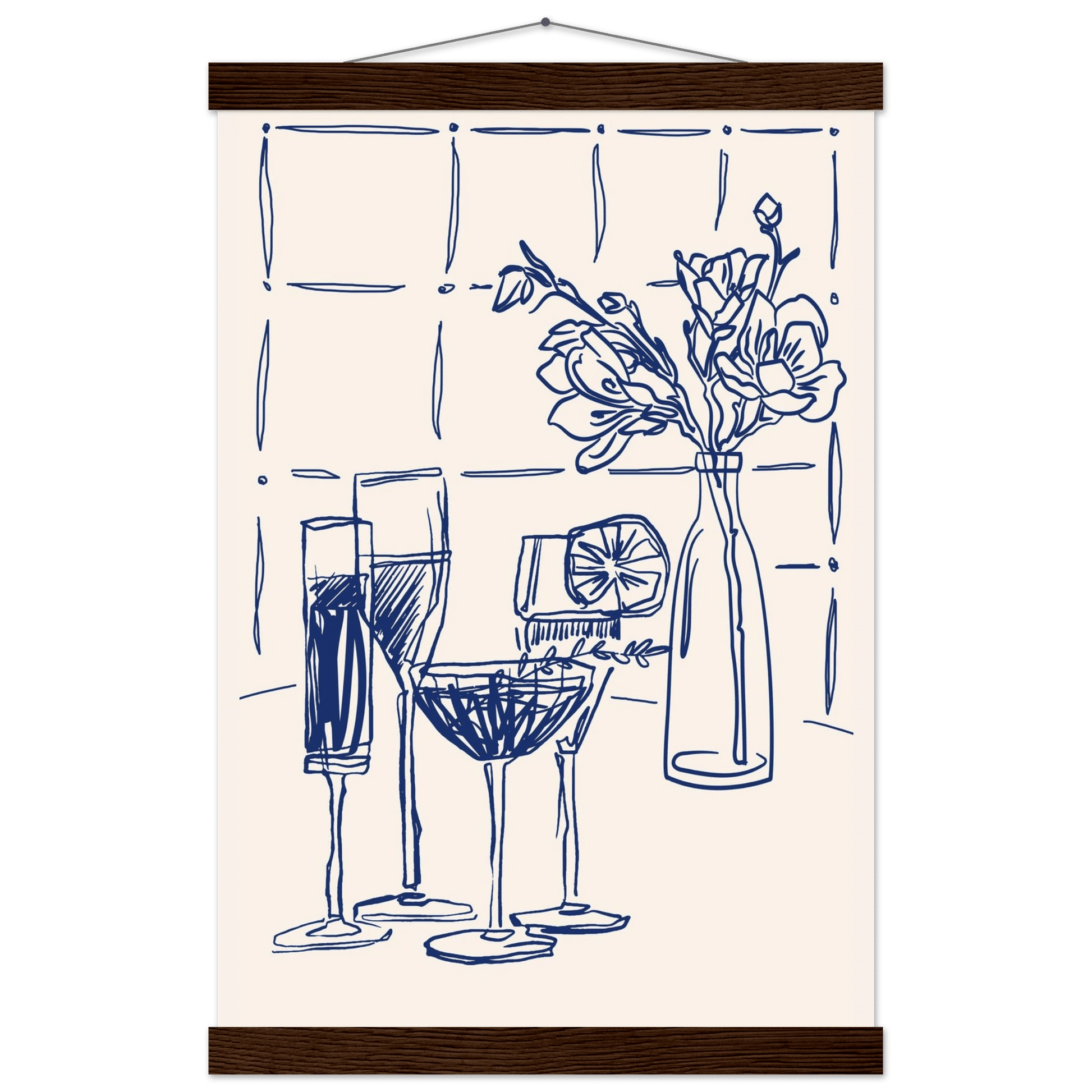 Cocktails & Flowers Print | Navy Blue Line Art Drinks Wall Art | Kitchen Bar Poster - Evergreen Posters
