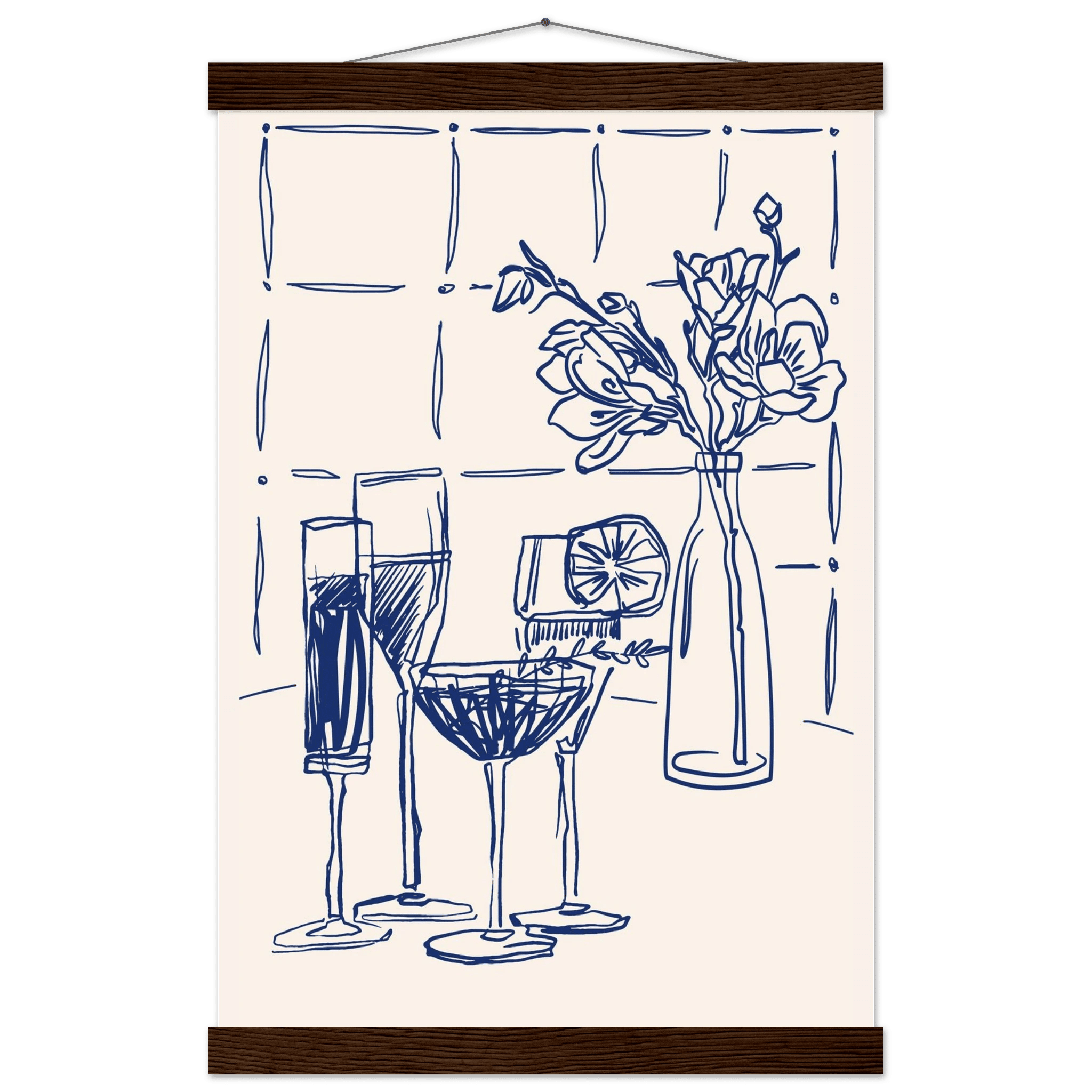 Cocktails & Flowers Print | Navy Blue Line Art Drinks Wall Art | Kitchen Bar Poster - Evergreen Posters