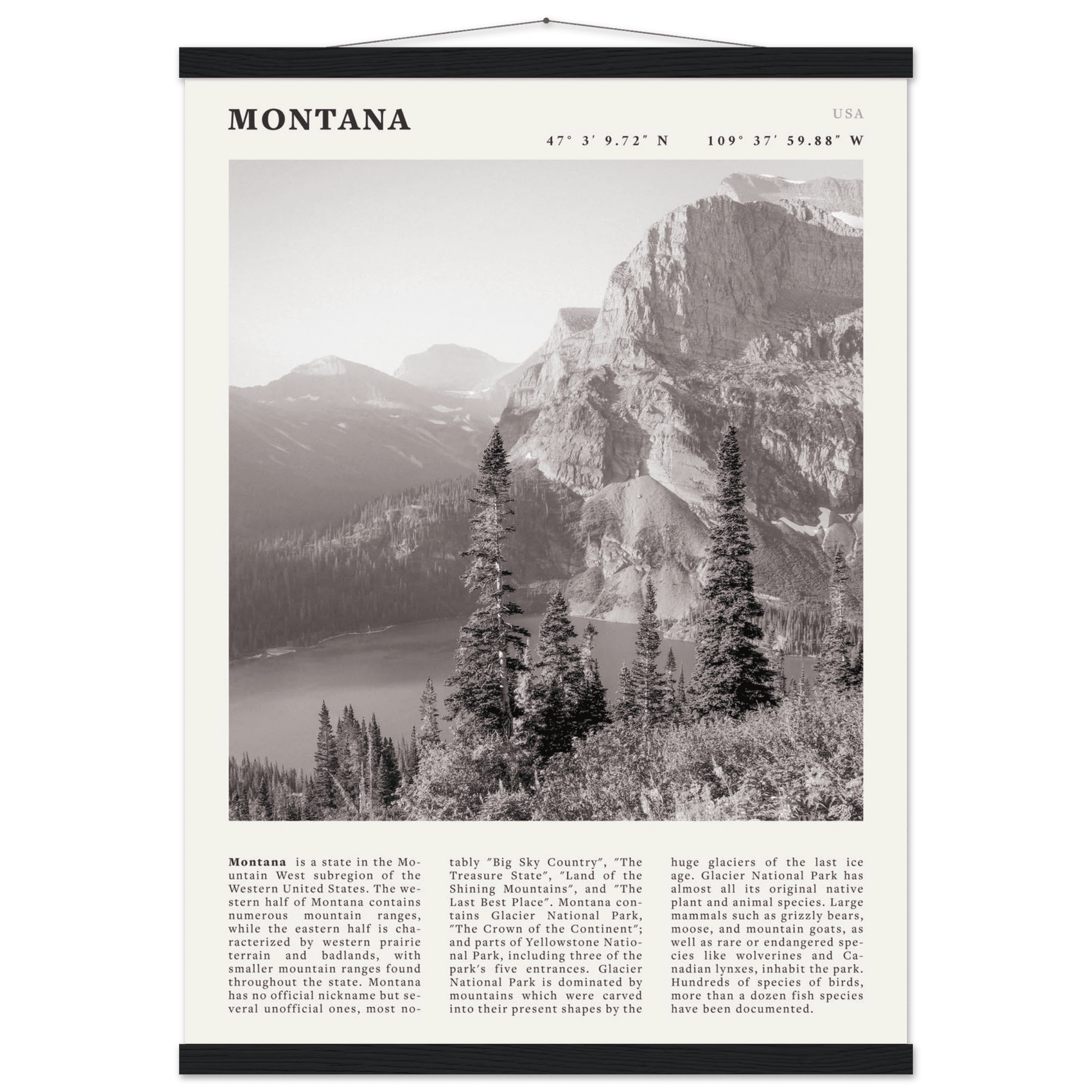 Montana Poster | Black & White Glacier National Park Wall Art | Nature Travel Print - Evergreen Posters