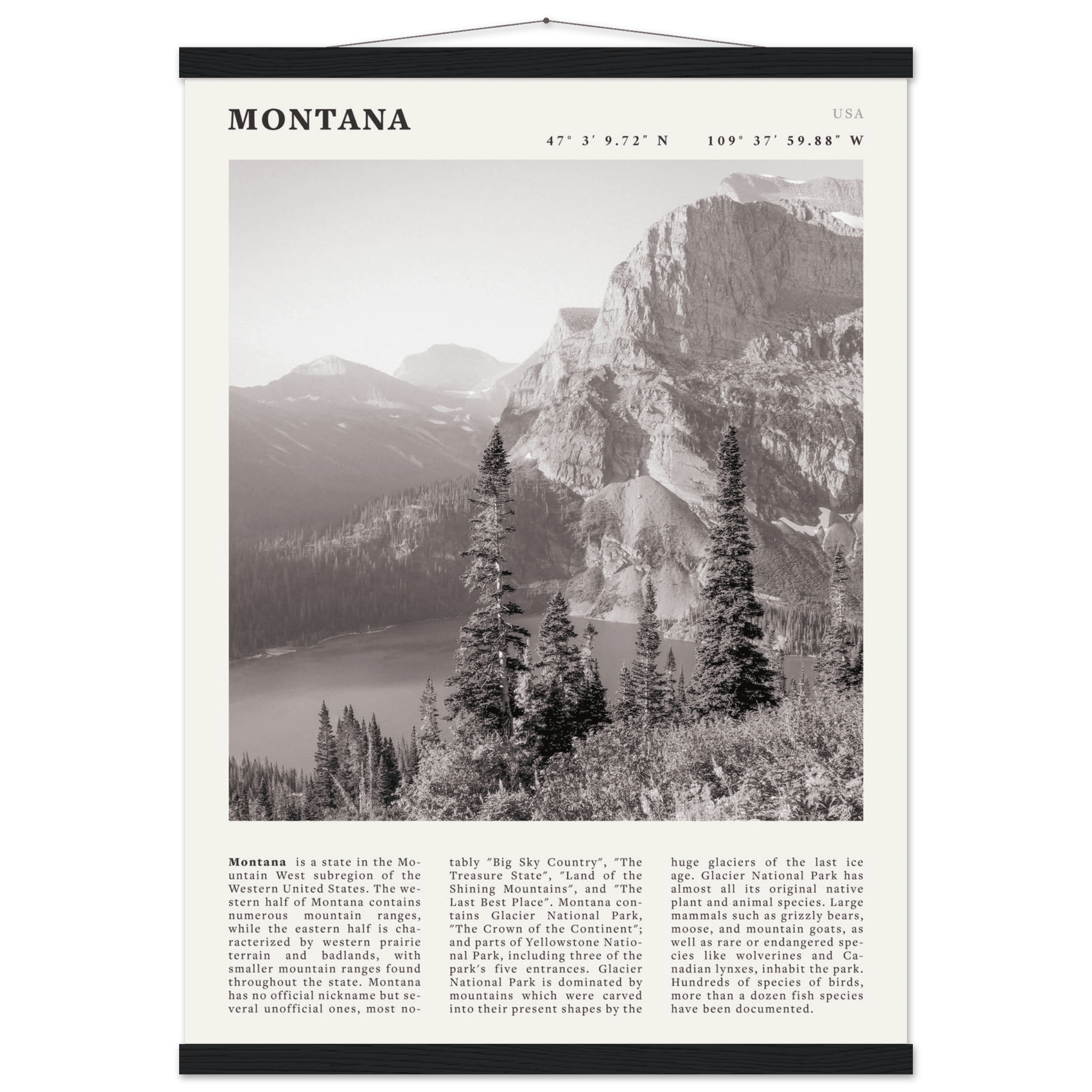 Montana Poster | Black & White Glacier National Park Wall Art | Nature Travel Print - Evergreen Posters