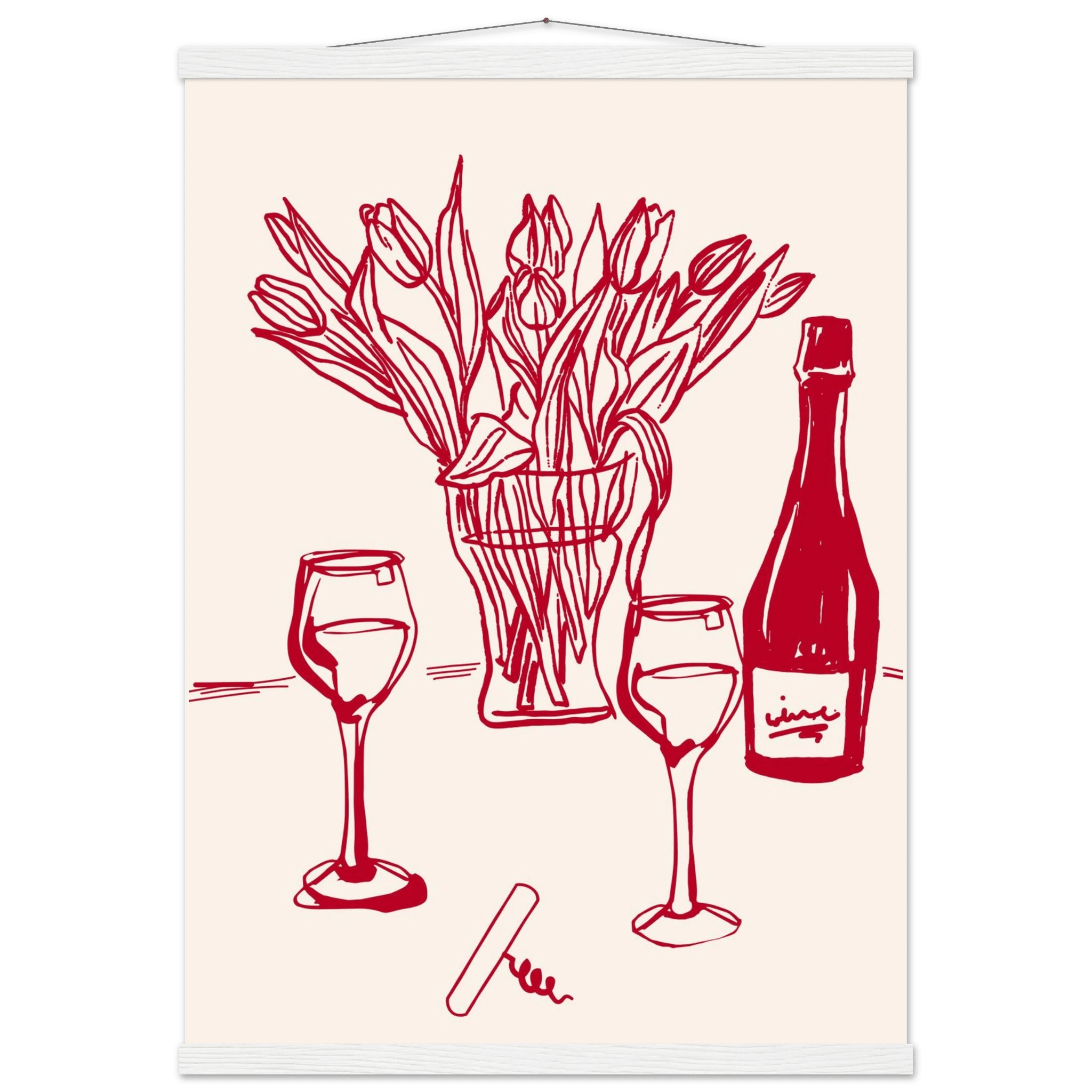 Red Wine & Tulips Print | Line Art Wine Bottle Wall Art | Kitchen Poster - Evergreen Posters