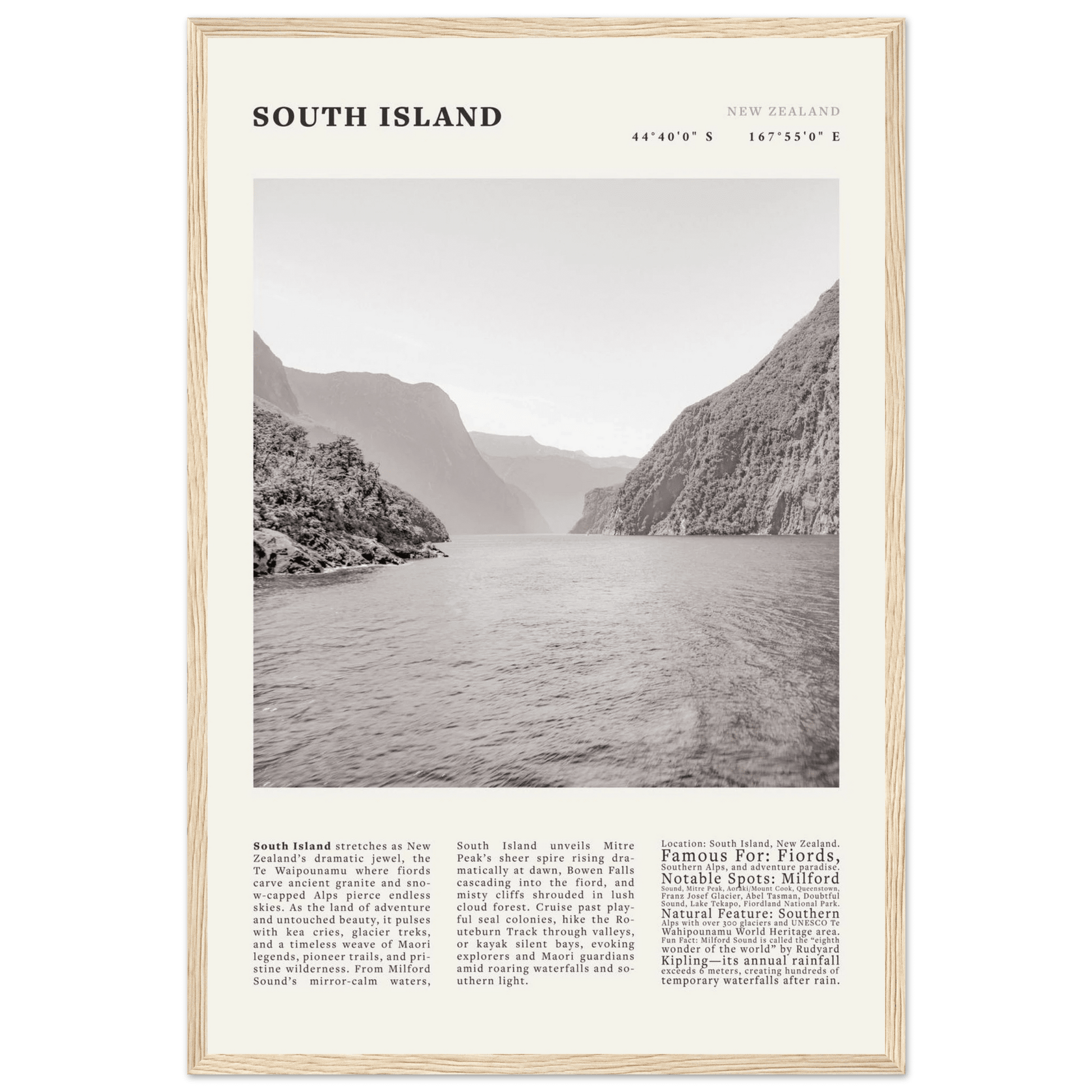 South Island New Zealand Poster Black and White – Vintage Milford Sound Fjord Print - Evergreen Posters