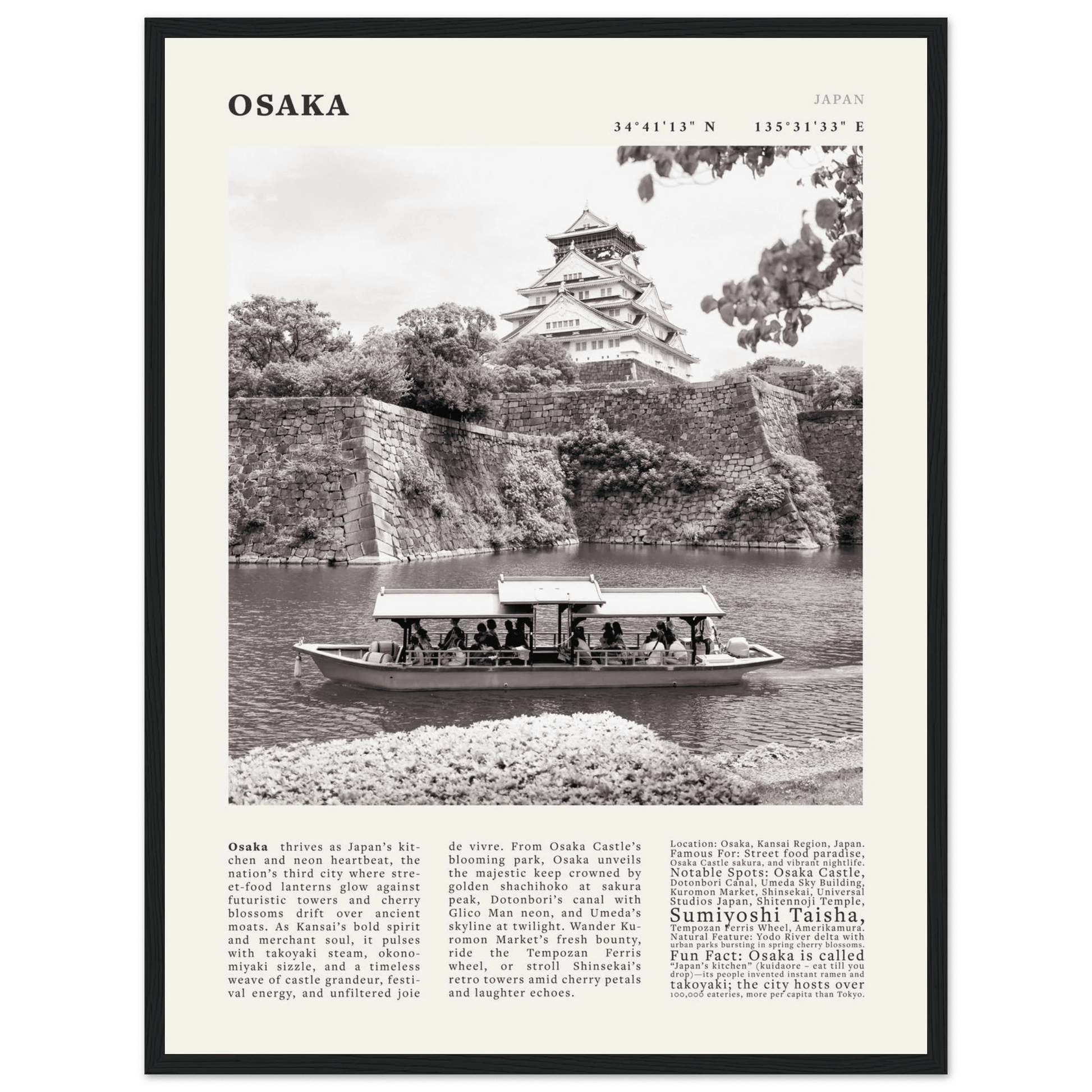 Osaka Poster Black and White – Vintage Osaka Castle Cherry Blossom Print (Digital & Printed Options) - Evergreen Posters