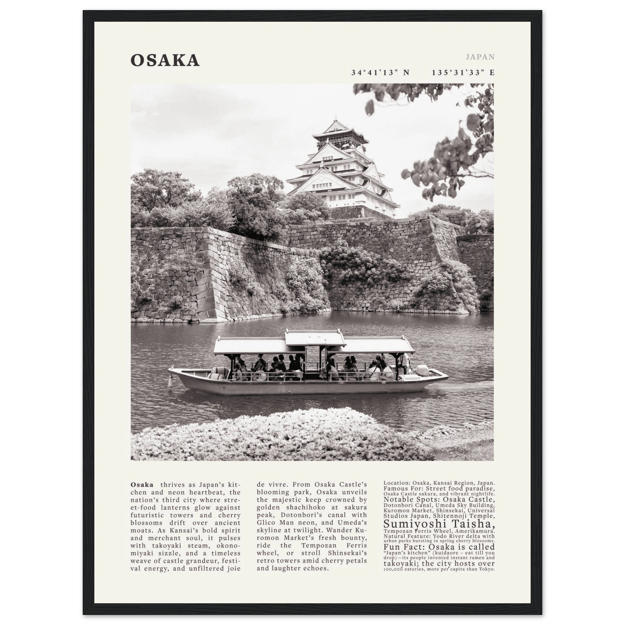 Osaka Poster Black and White – Vintage Osaka Castle Cherry Blossom Print (Digital & Printed Options) - Evergreen Posters