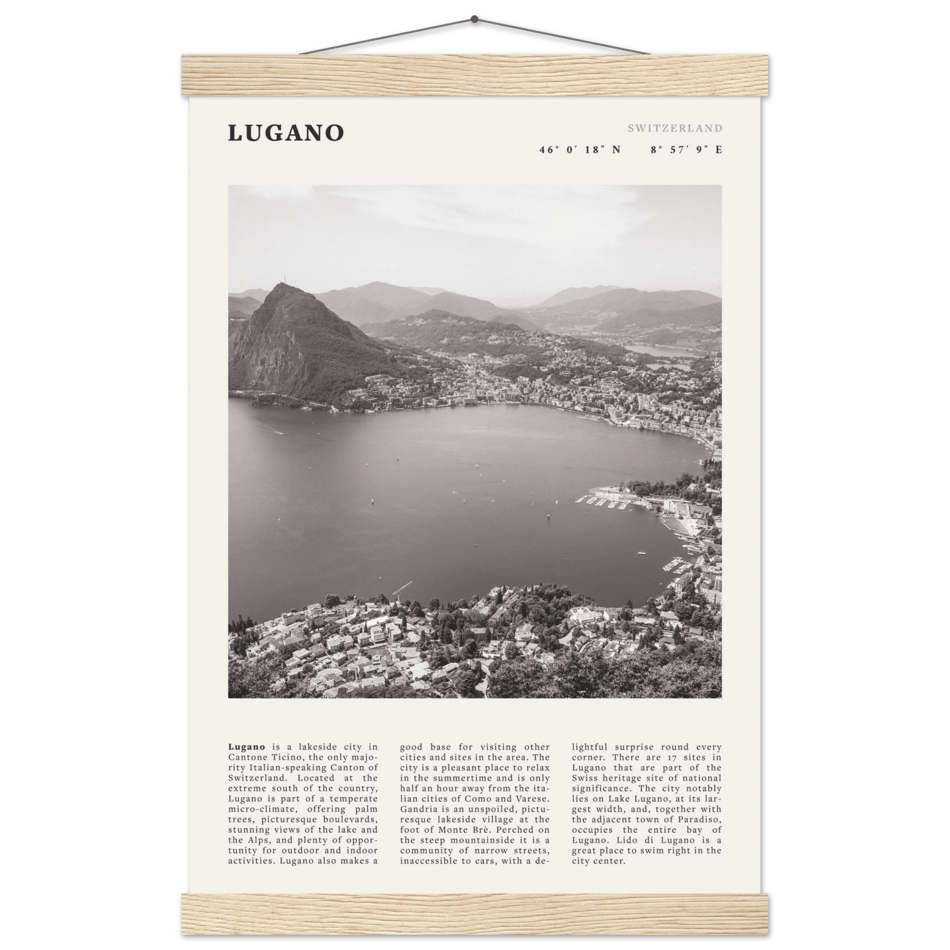 Lugano Poster | Black & White Swiss Lake Wall Art | Switzerland Travel Print - Evergreen Posters