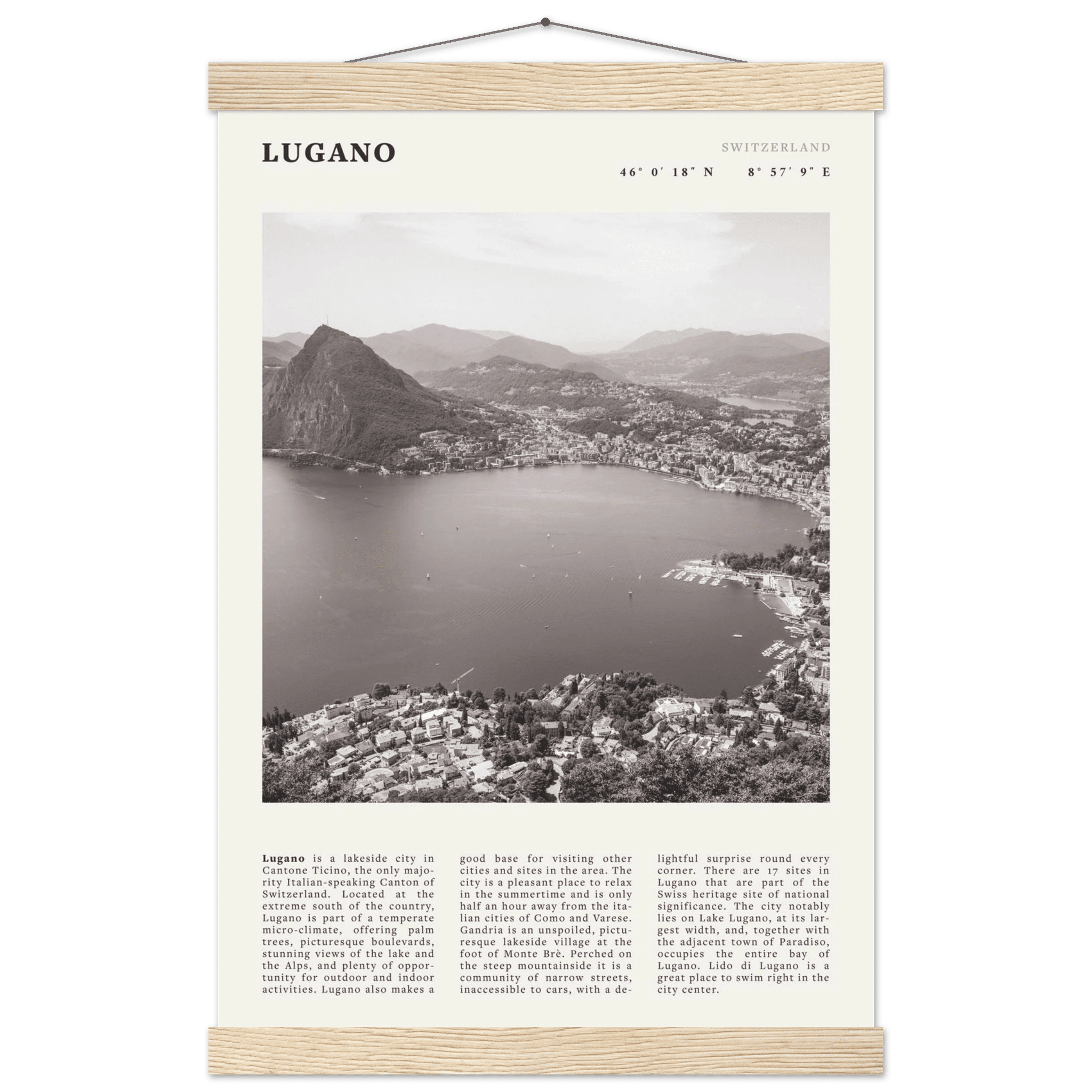 Lugano Poster | Black & White Swiss Lake Wall Art | Switzerland Travel Print - Evergreen Posters