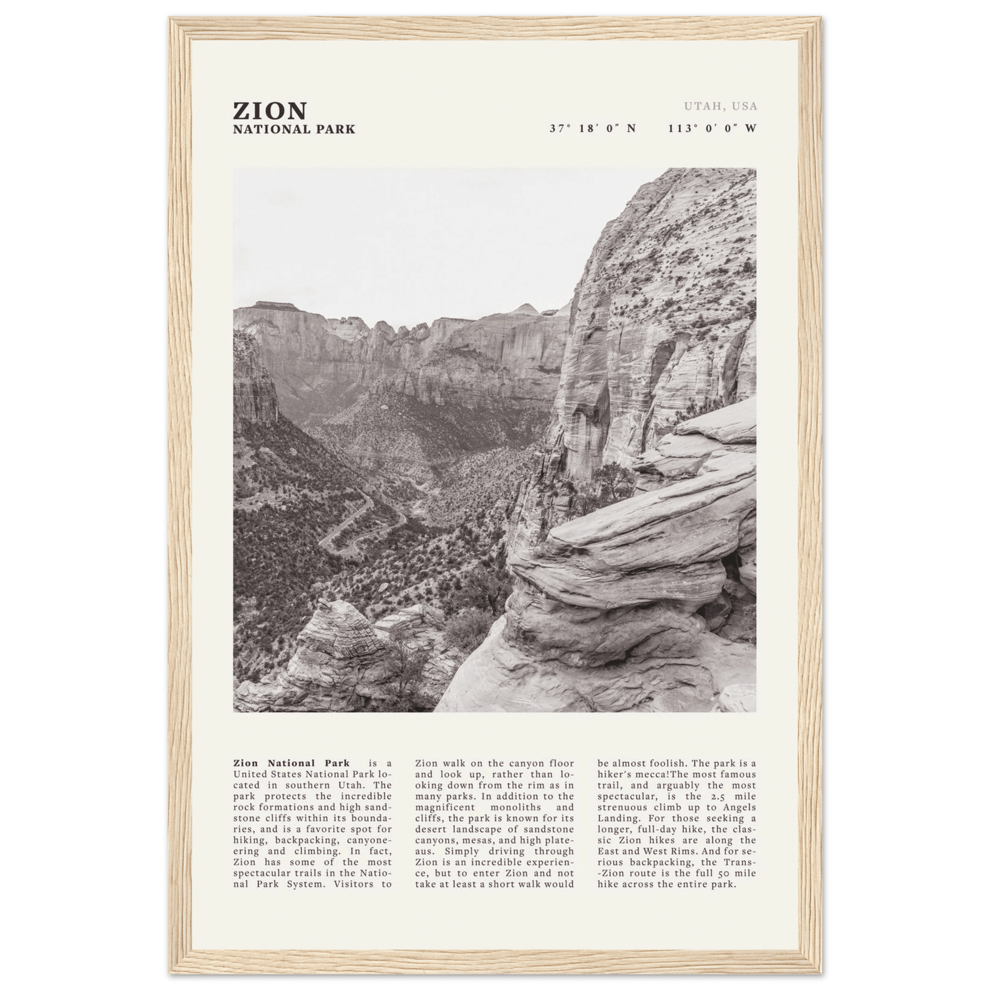 Zion National Park Poster | Black & White Utah Canyon Wall Art | USA Travel Print - Evergreen Posters
