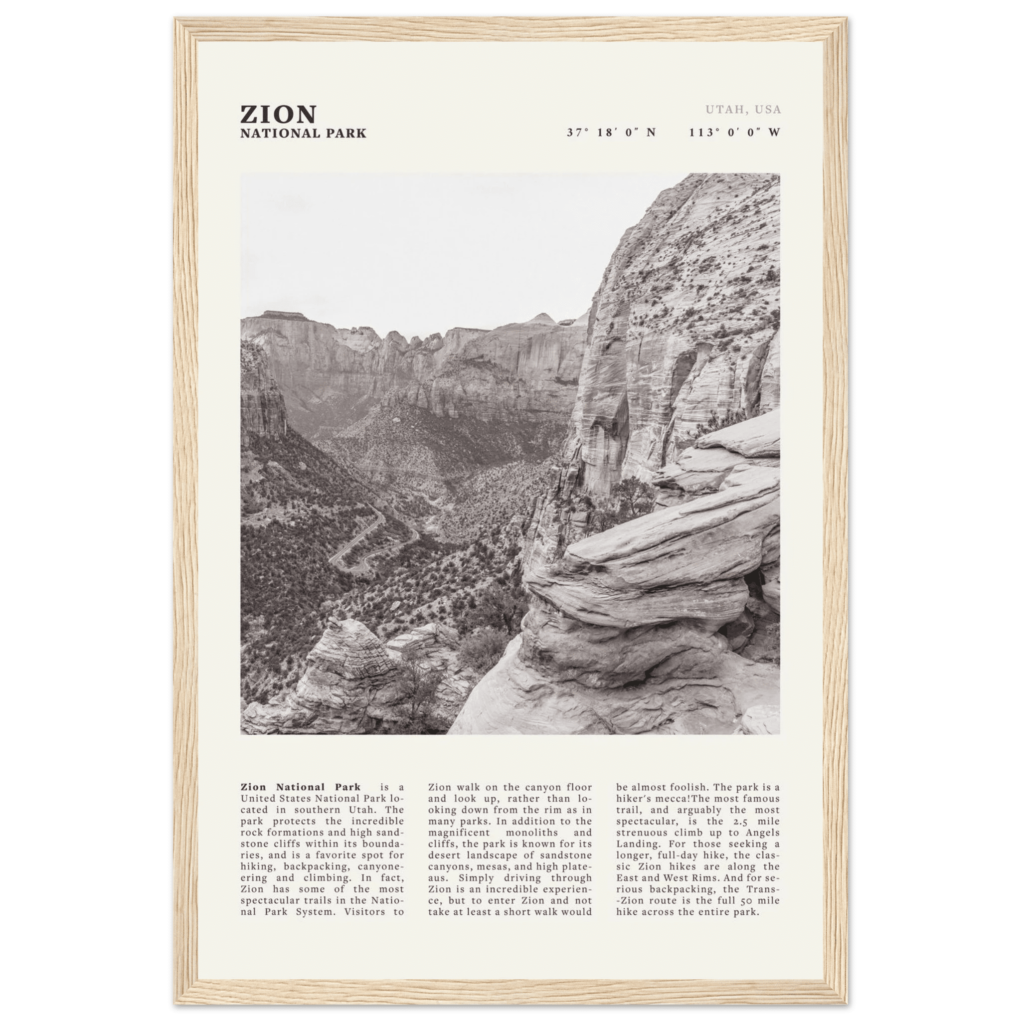 Zion National Park Poster | Black & White Utah Canyon Wall Art | USA Travel Print - Evergreen Posters