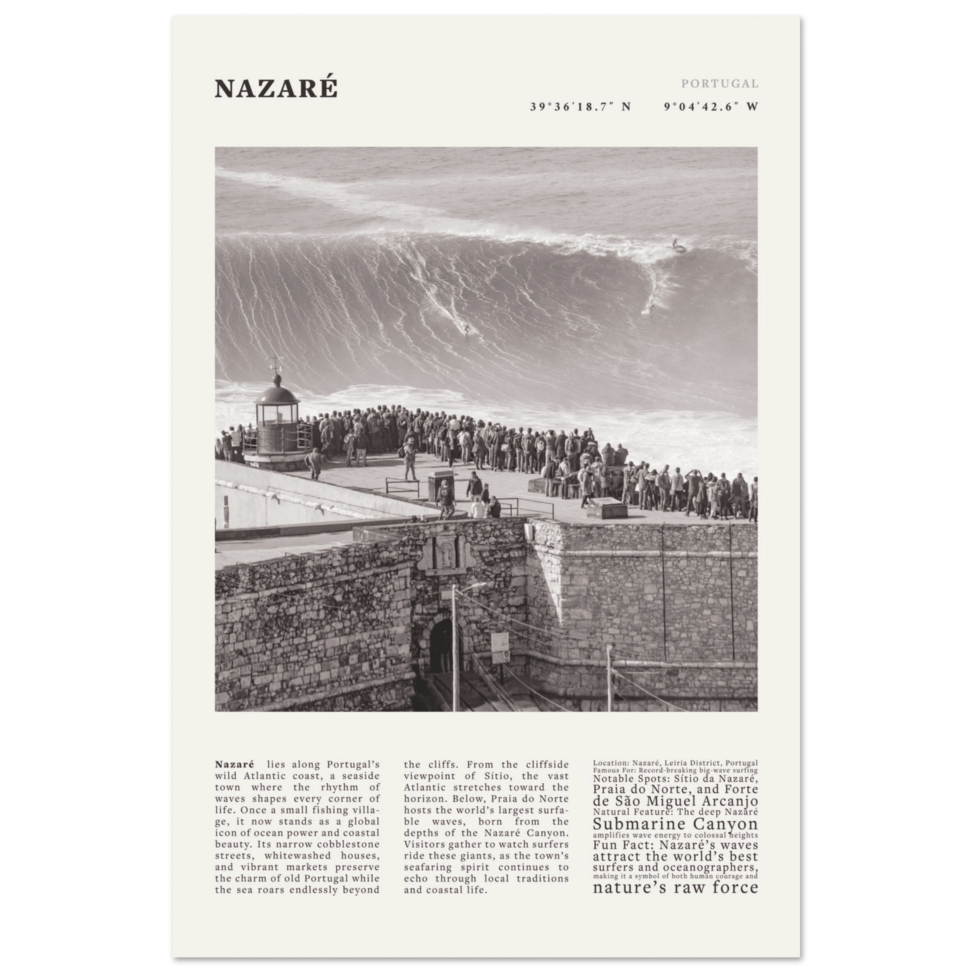Nazaré Portugal Poster Black and White – Vintage Big Waves Surf Print (Digital & Printed Options) - Evergreen Posters