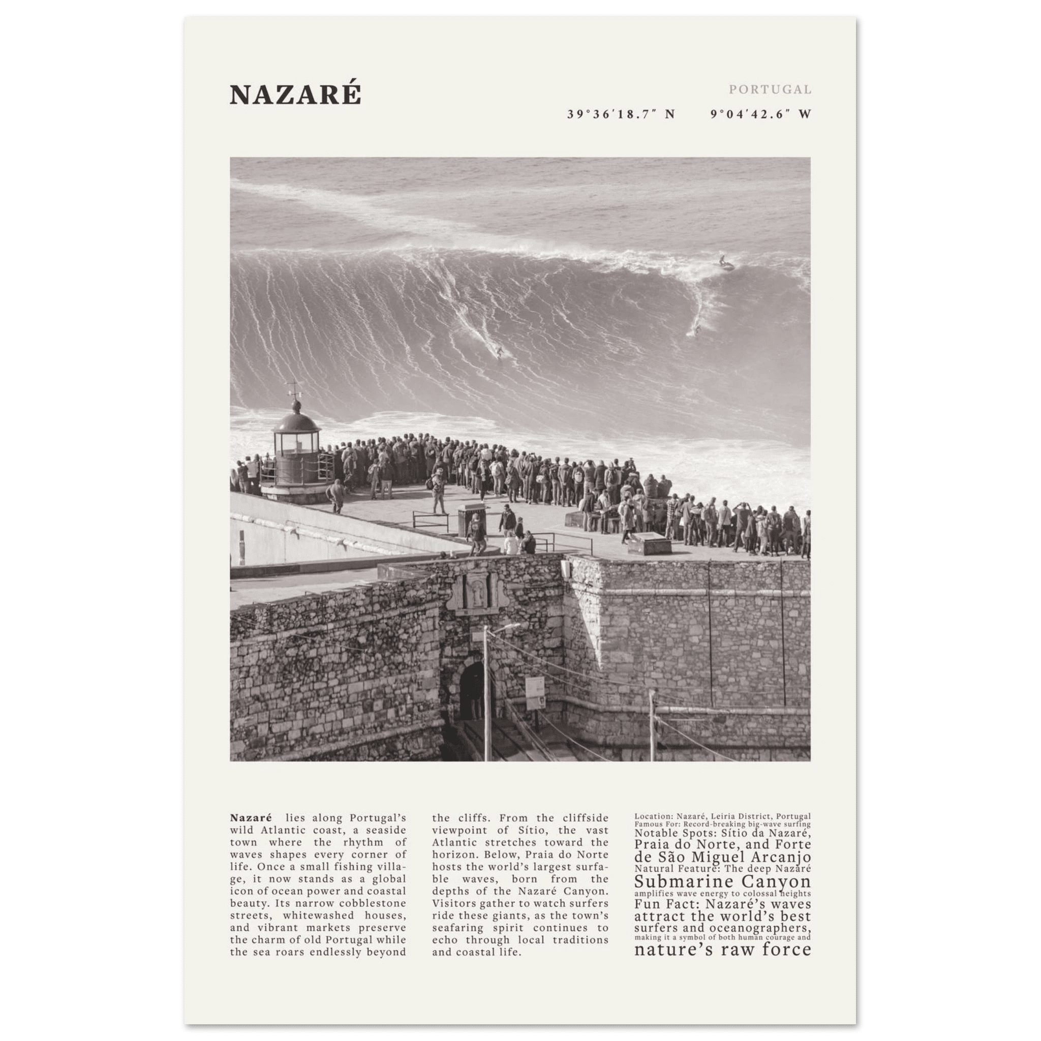 Nazaré Portugal Poster Black and White – Vintage Big Waves Surf Print (Digital & Printed Options) - Evergreen Posters
