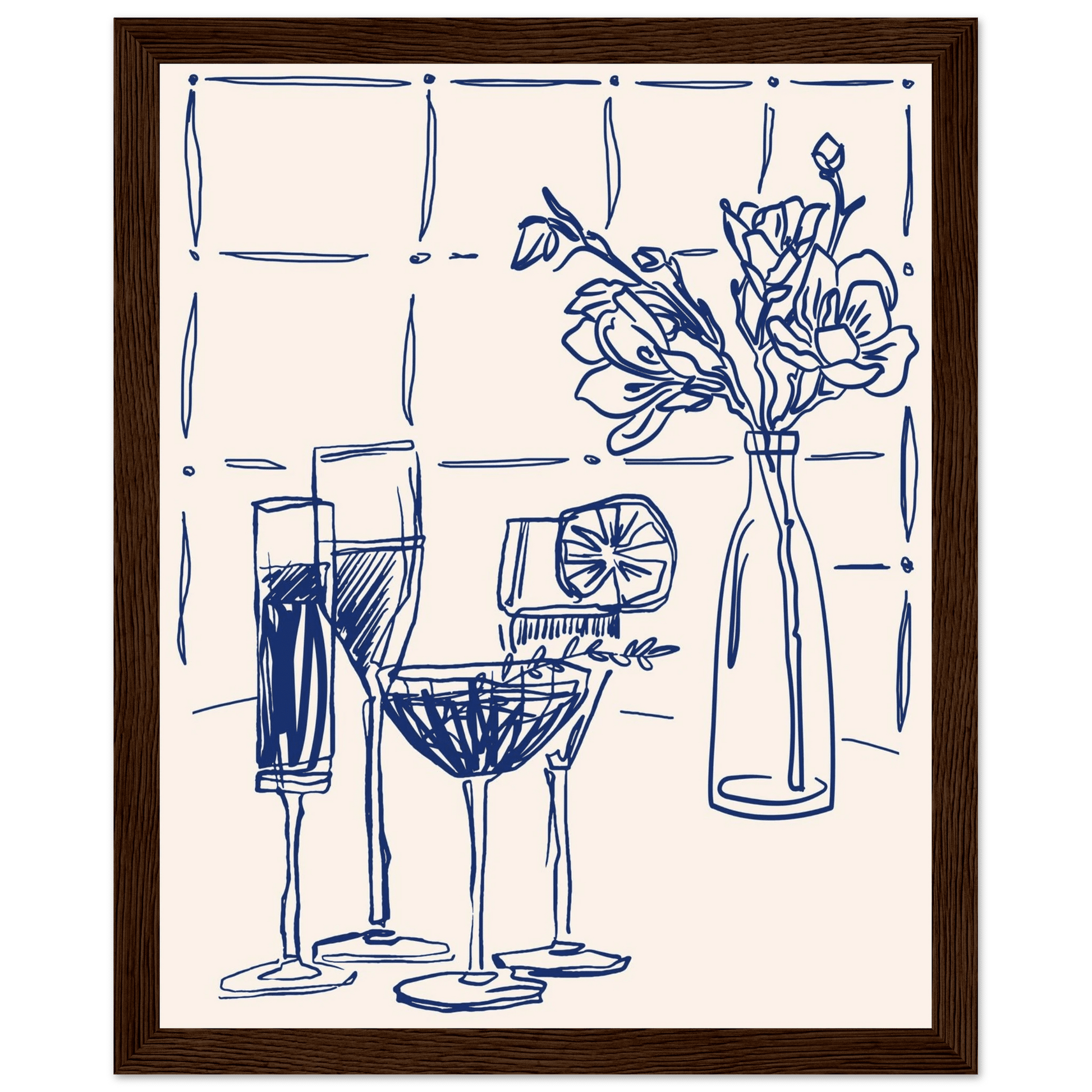 Cocktails & Flowers Print | Navy Blue Line Art Drinks Wall Art | Kitchen Bar Poster - Evergreen Posters