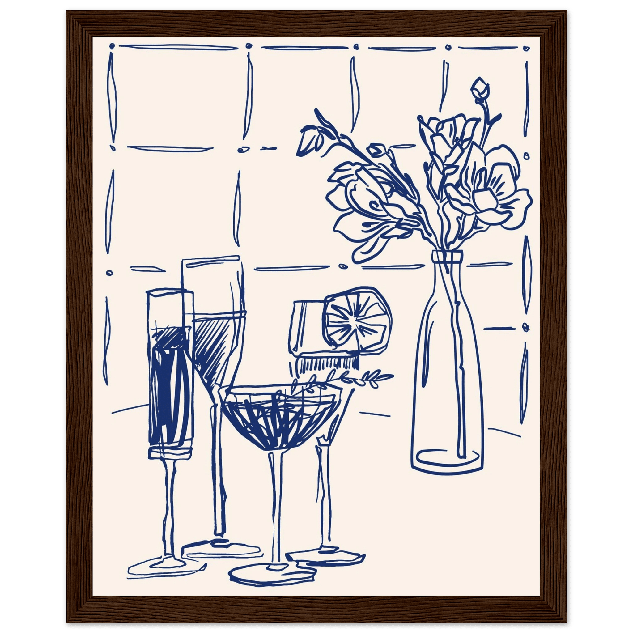 Cocktails & Flowers Print | Navy Blue Line Art Drinks Wall Art | Kitchen Bar Poster - Evergreen Posters