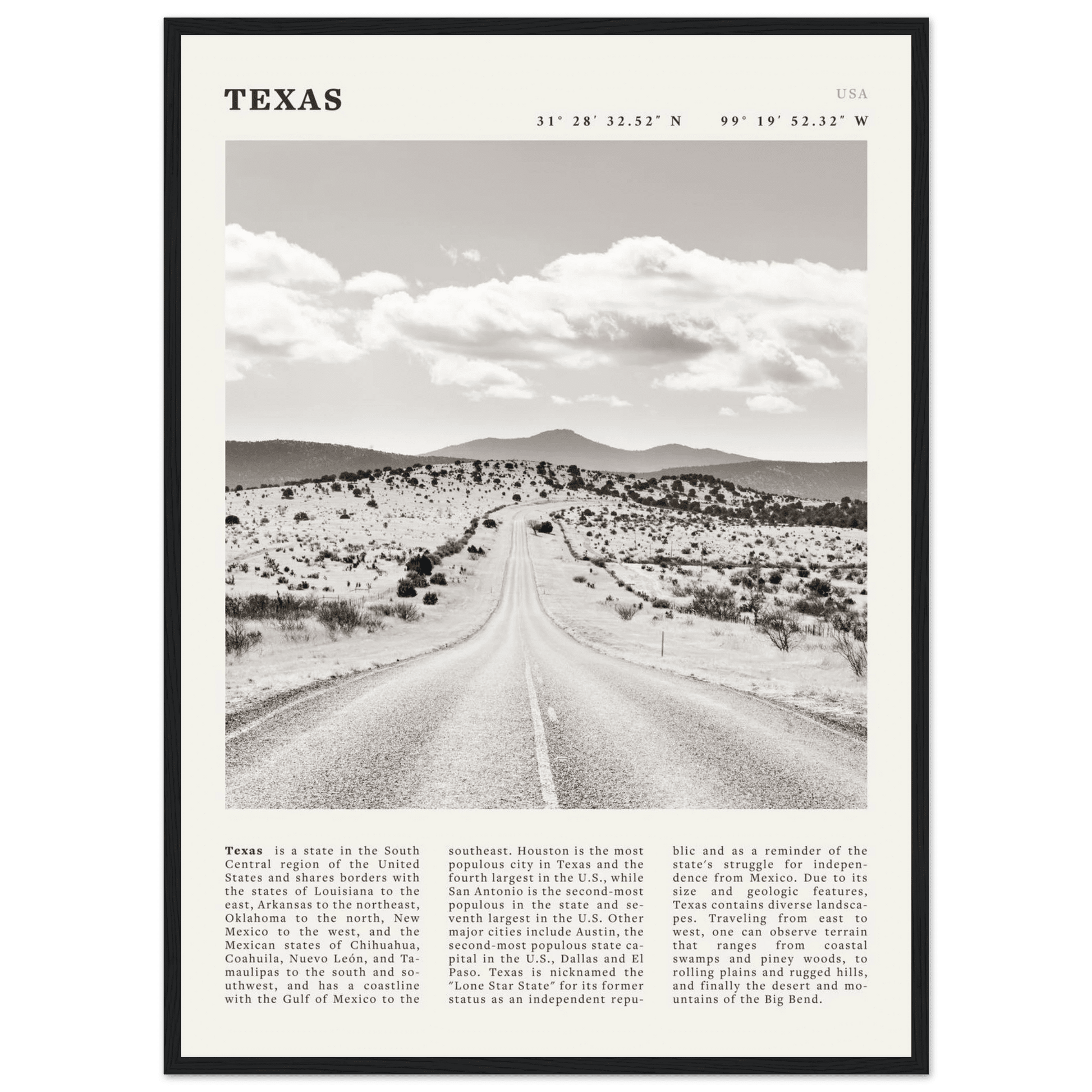 Texas Poster | Black & White Lone Star Road Wall Art | USA Travel Print Decor - Evergreen Posters