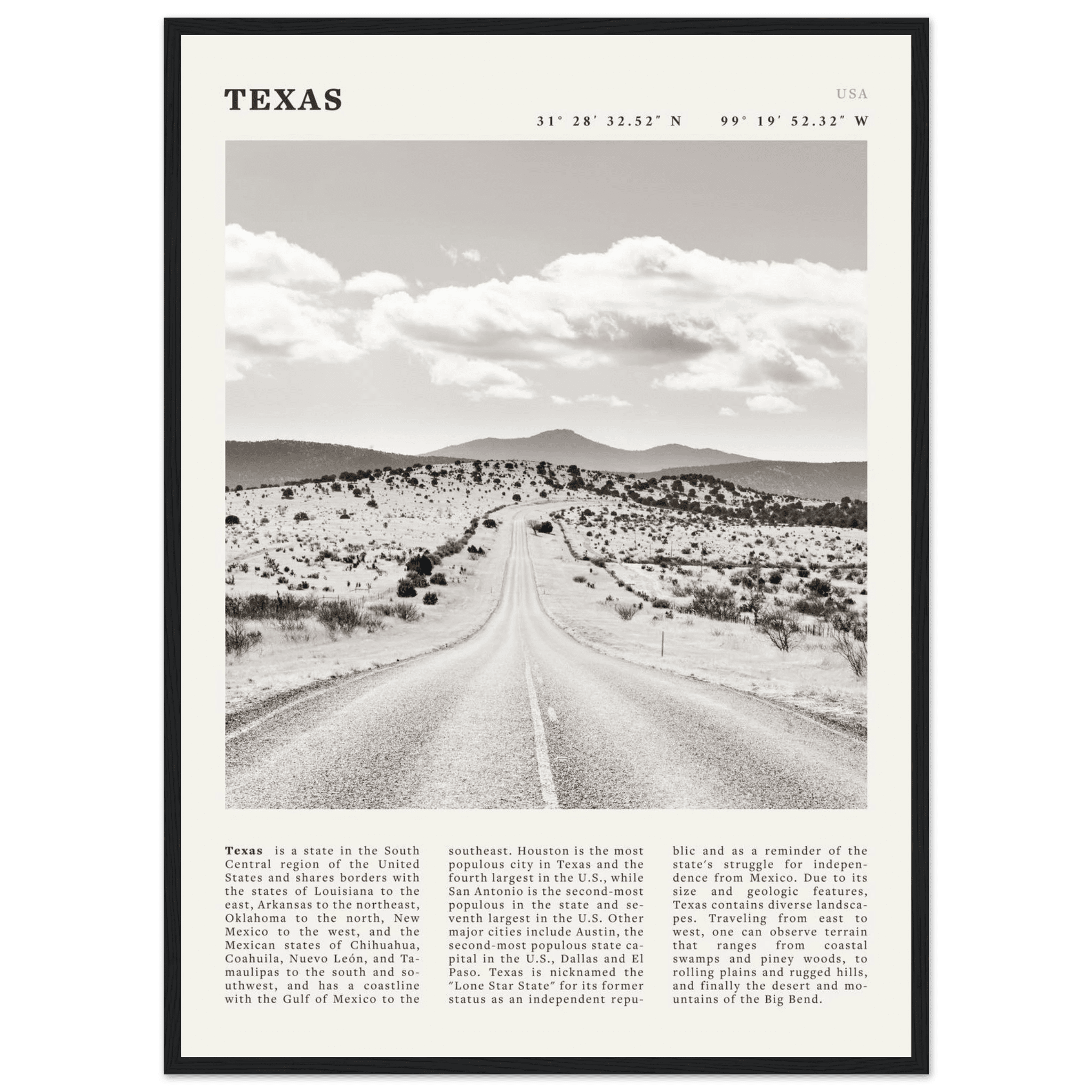 Texas Poster | Black & White Lone Star Road Wall Art | USA Travel Print Decor - Evergreen Posters