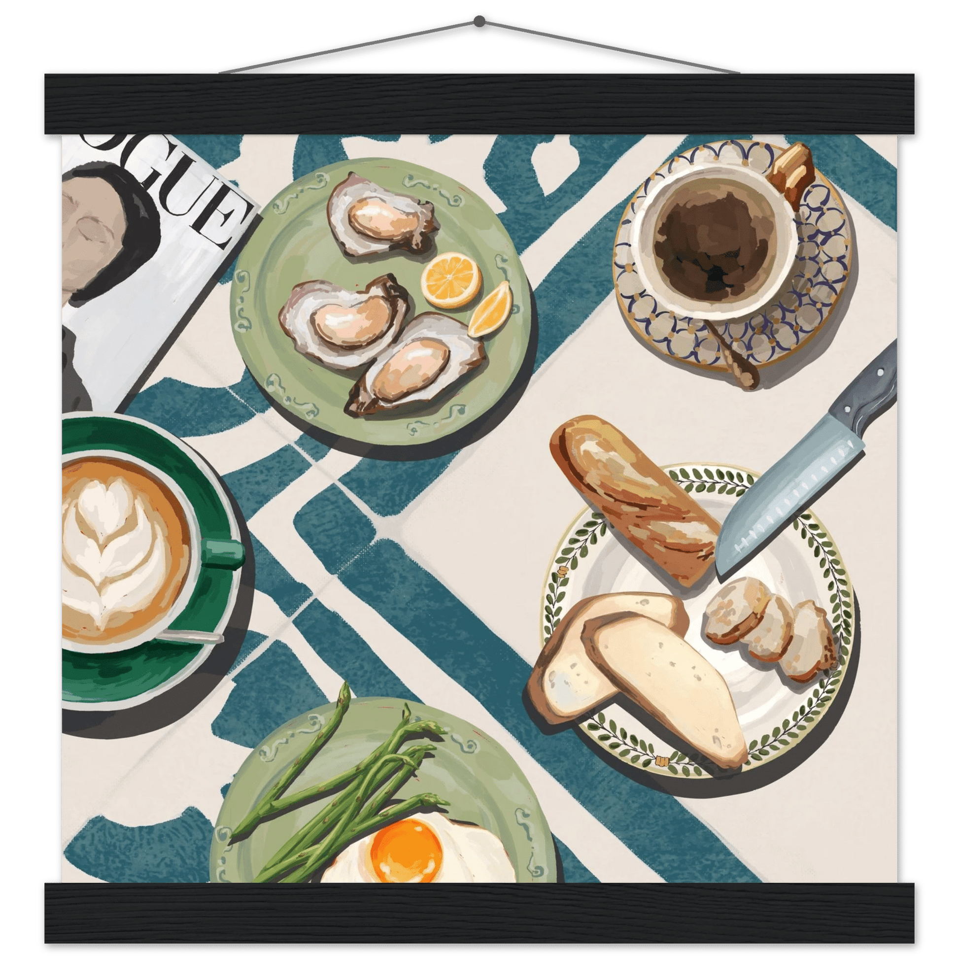 Oysters & Vogue Brunch Poster | Luxury Kitchen Wall Art | Blue Tile Square Print - Evergreen Posters - 31