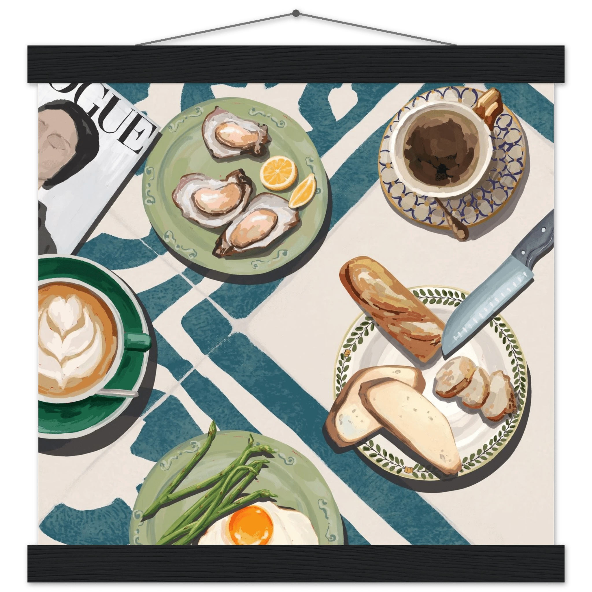 Oysters & Vogue Brunch Poster | Luxury Kitchen Wall Art | Blue Tile Square Print - Evergreen Posters - 31