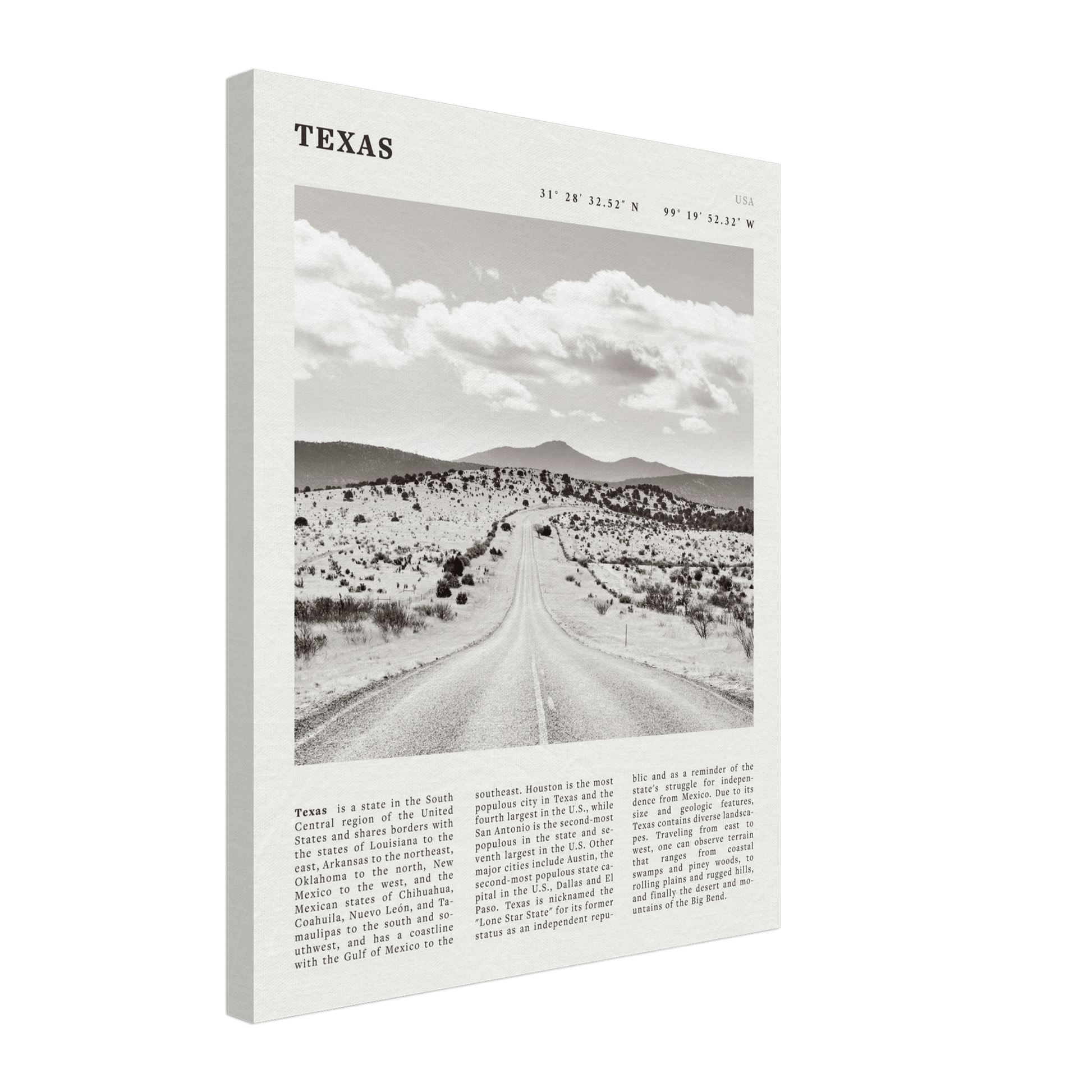 Texas Poster | Black & White Lone Star Road Wall Art | USA Travel Print Decor - Evergreen Posters