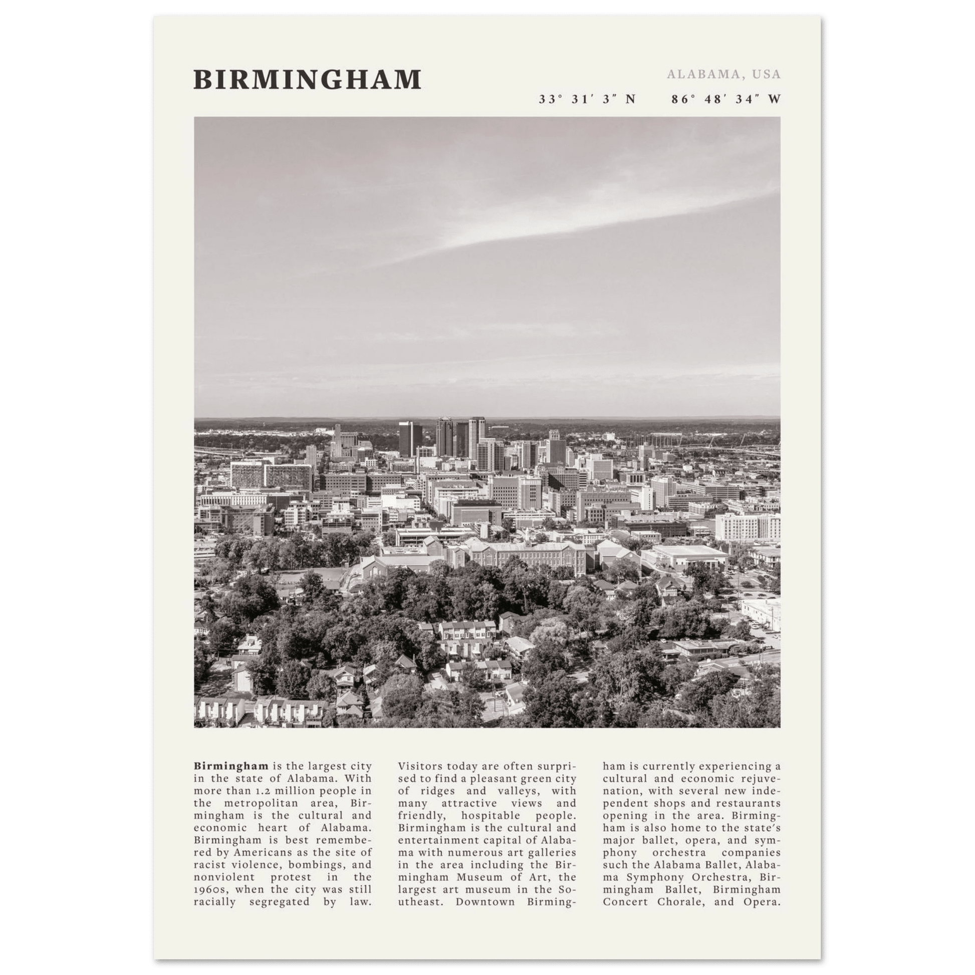Birmingham Poster | Black & White Alabama Skyline Wall Art | AL Travel Print - Evergreen Posters