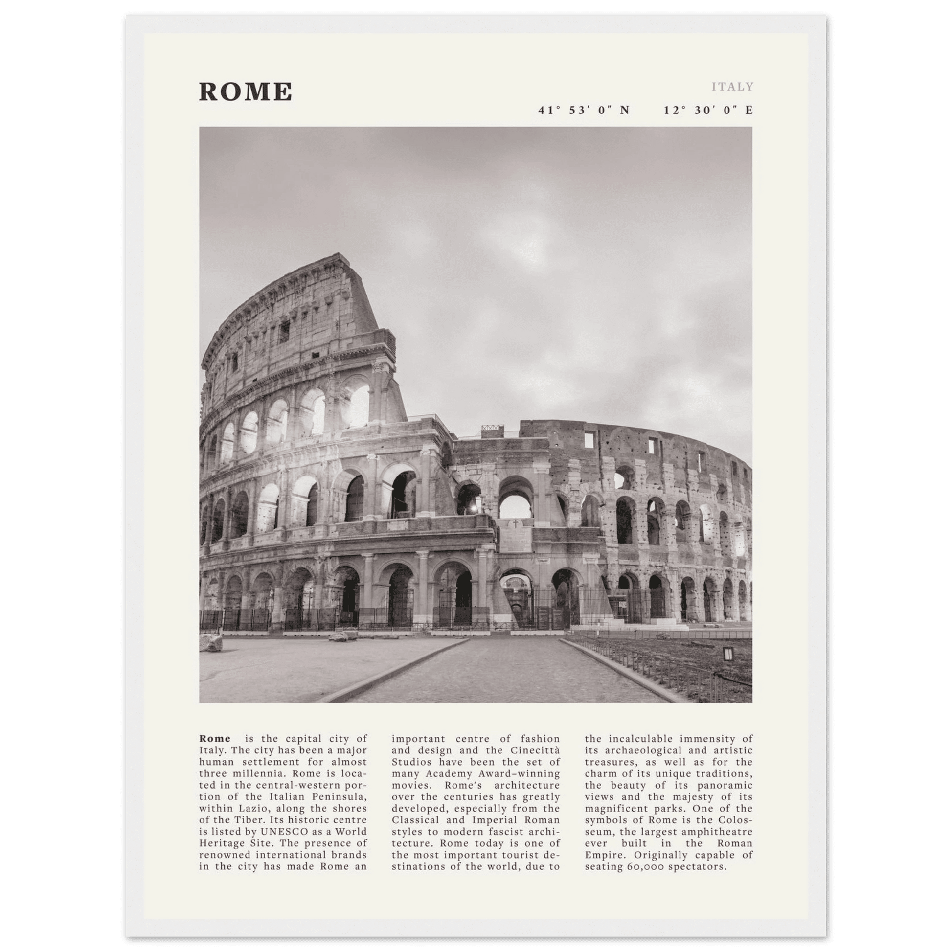 Rome Poster | Black & White Colosseum Wall Art | Italy Travel Print | Roman Decor - Evergreen Posters