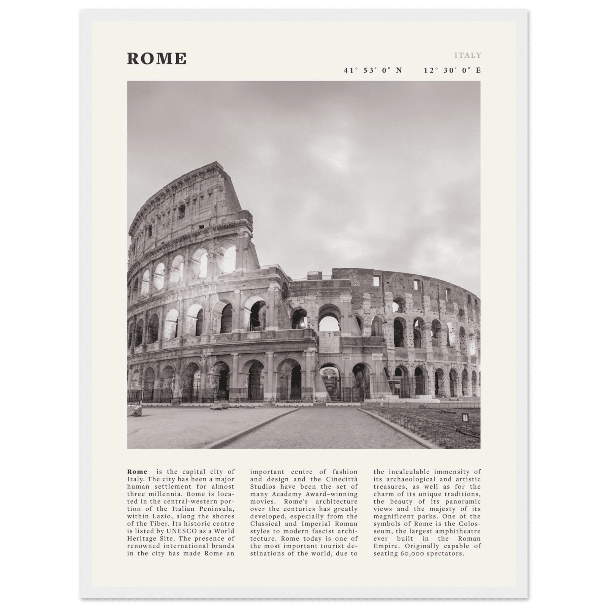 Rome Poster | Black & White Colosseum Wall Art | Italy Travel Print | Roman Decor - Evergreen Posters