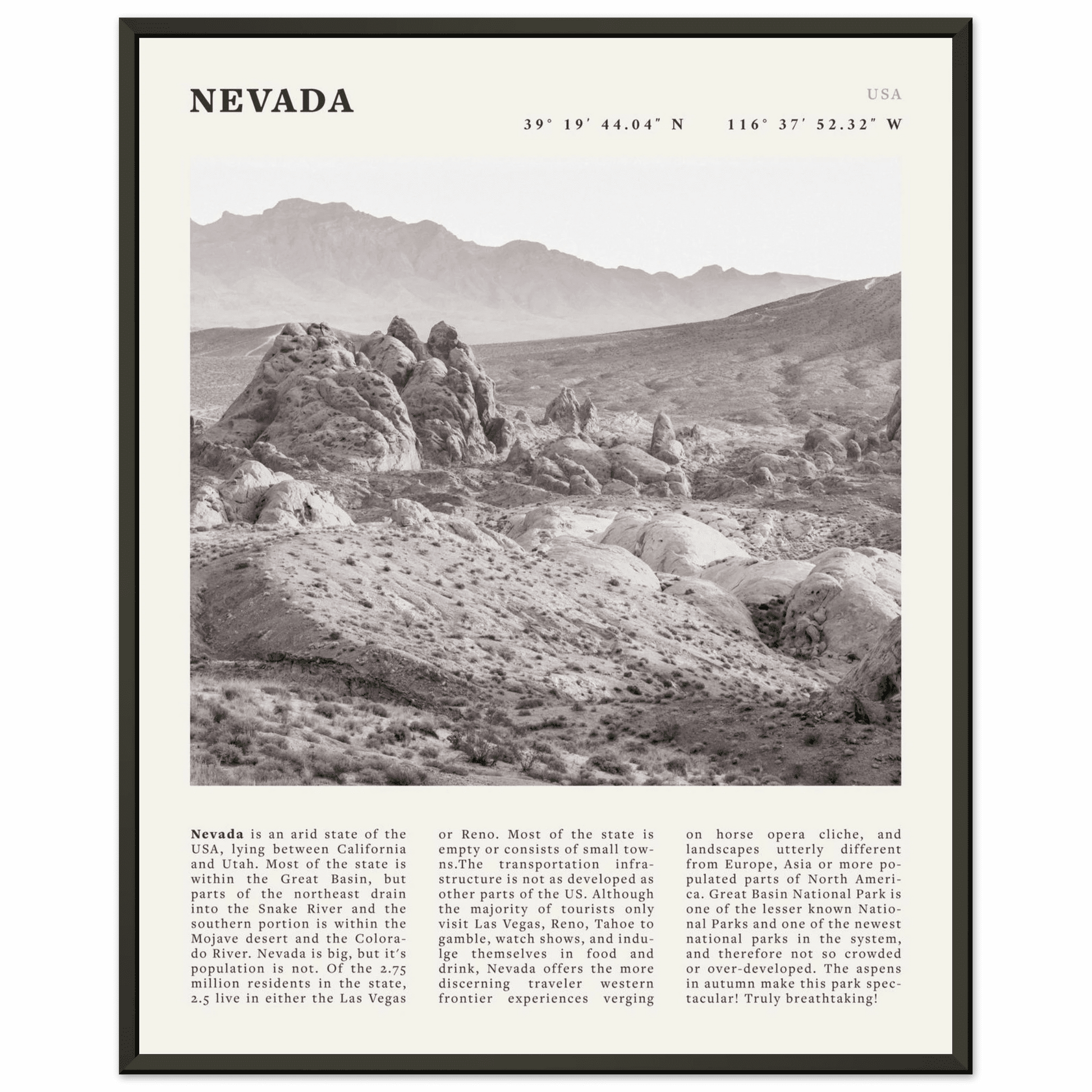 Nevada Poster | Black & White Desert Landscape Wall Art | USA Travel Print Decor - Evergreen Posters